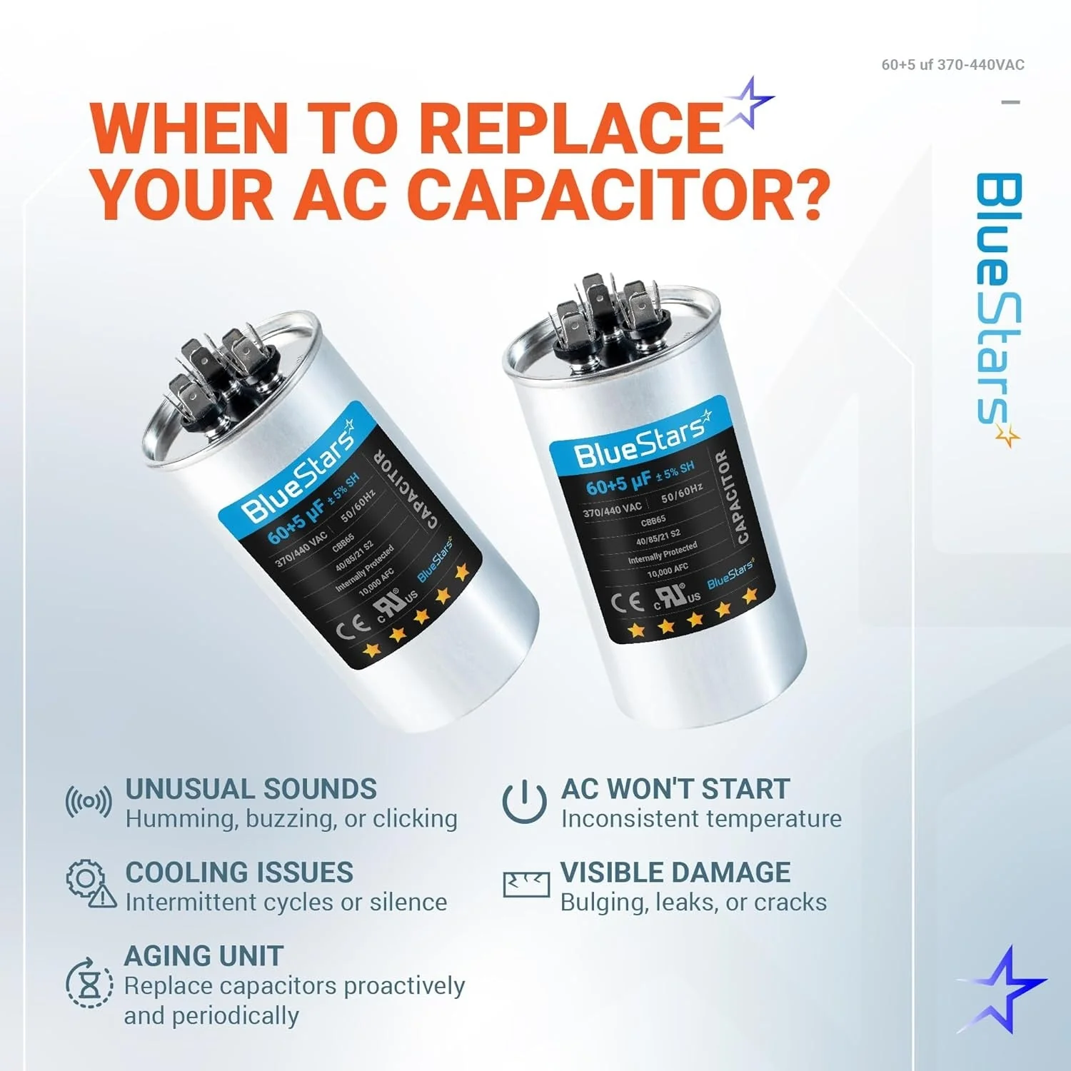 60+5 uF MFD ±5% 370/440 VAC Dual Run Start Round Capacitor - Fits Condenser Straight Cool, Heat Pump - Image 3