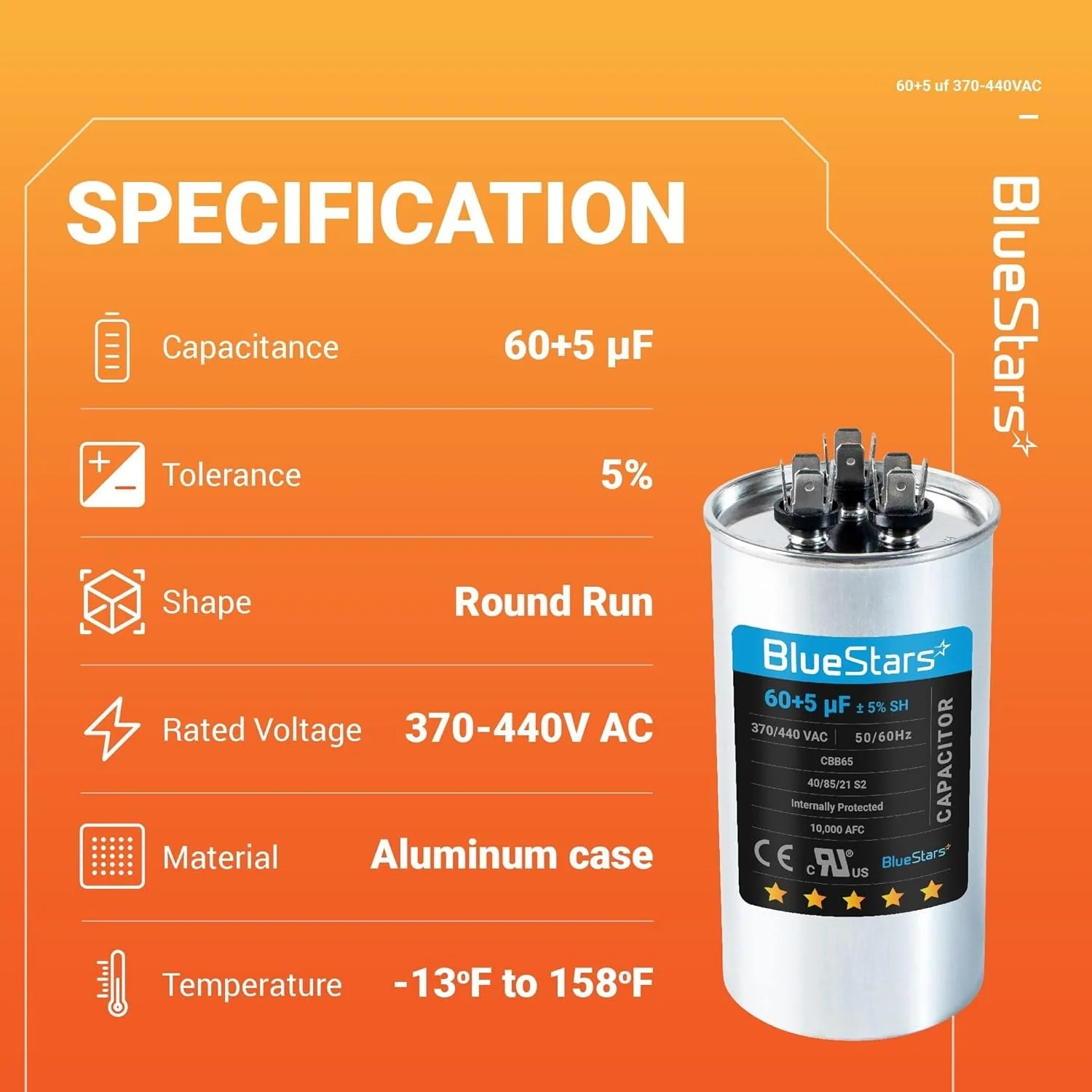 60+5 uF MFD ±5% 370/440 VAC Dual Run Start Round Capacitor - Fits Condenser Straight Cool, Heat Pump - Image 6