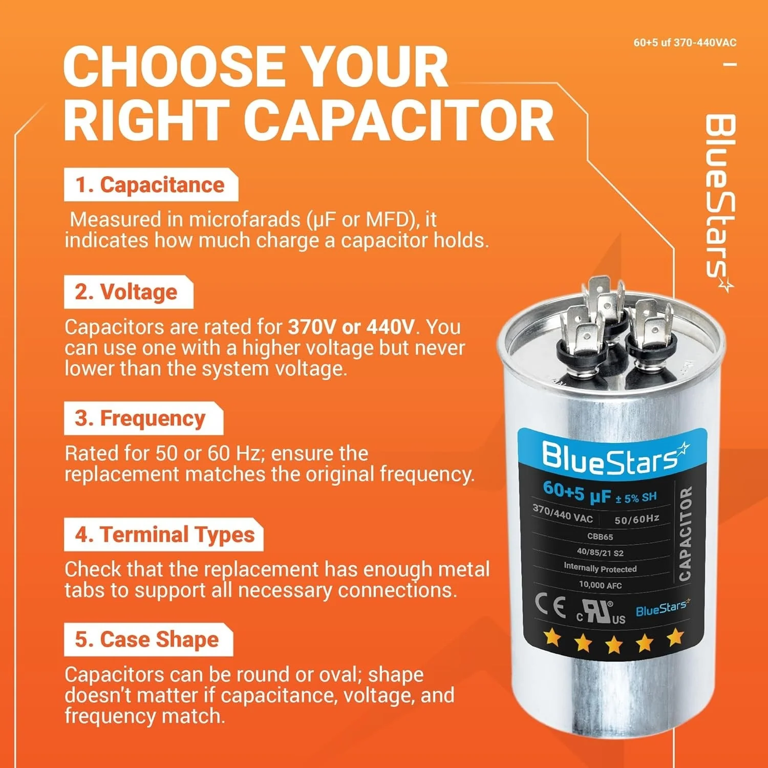 60+5 uF MFD ±5% 370/440 VAC Dual Run Start Round Capacitor - Fits Condenser Straight Cool, Heat Pump - Image 9