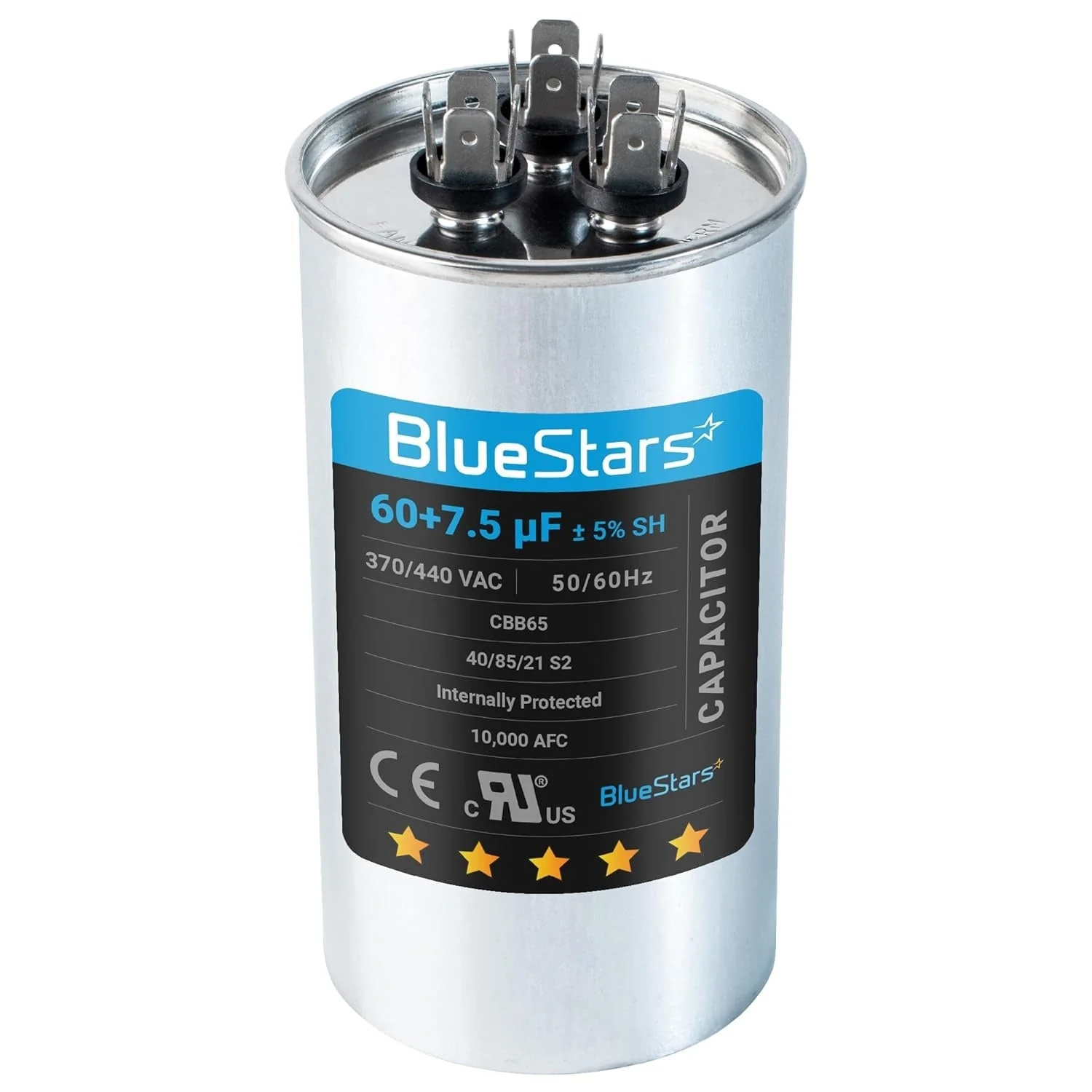 60+7.5 uF MFD ±5% 370/440 VAC CBB65B Dual Run Round Capacitor - Fits AC Motor Run, Condenser, Heat Pump