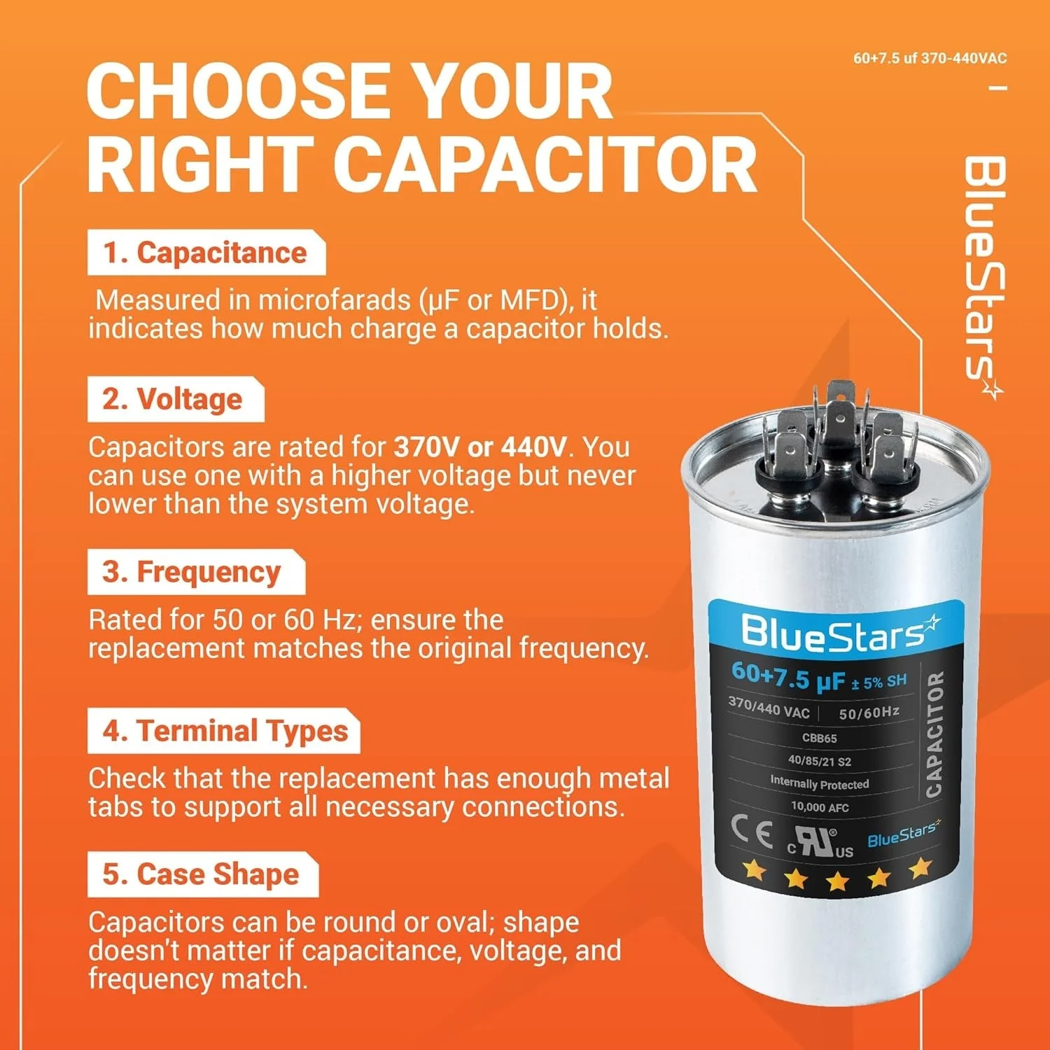 60+7.5 uF MFD ±5% 370/440 VAC CBB65B Dual Run Round Capacitor - Fits AC Motor Run, Condenser, Heat Pump - Image 6