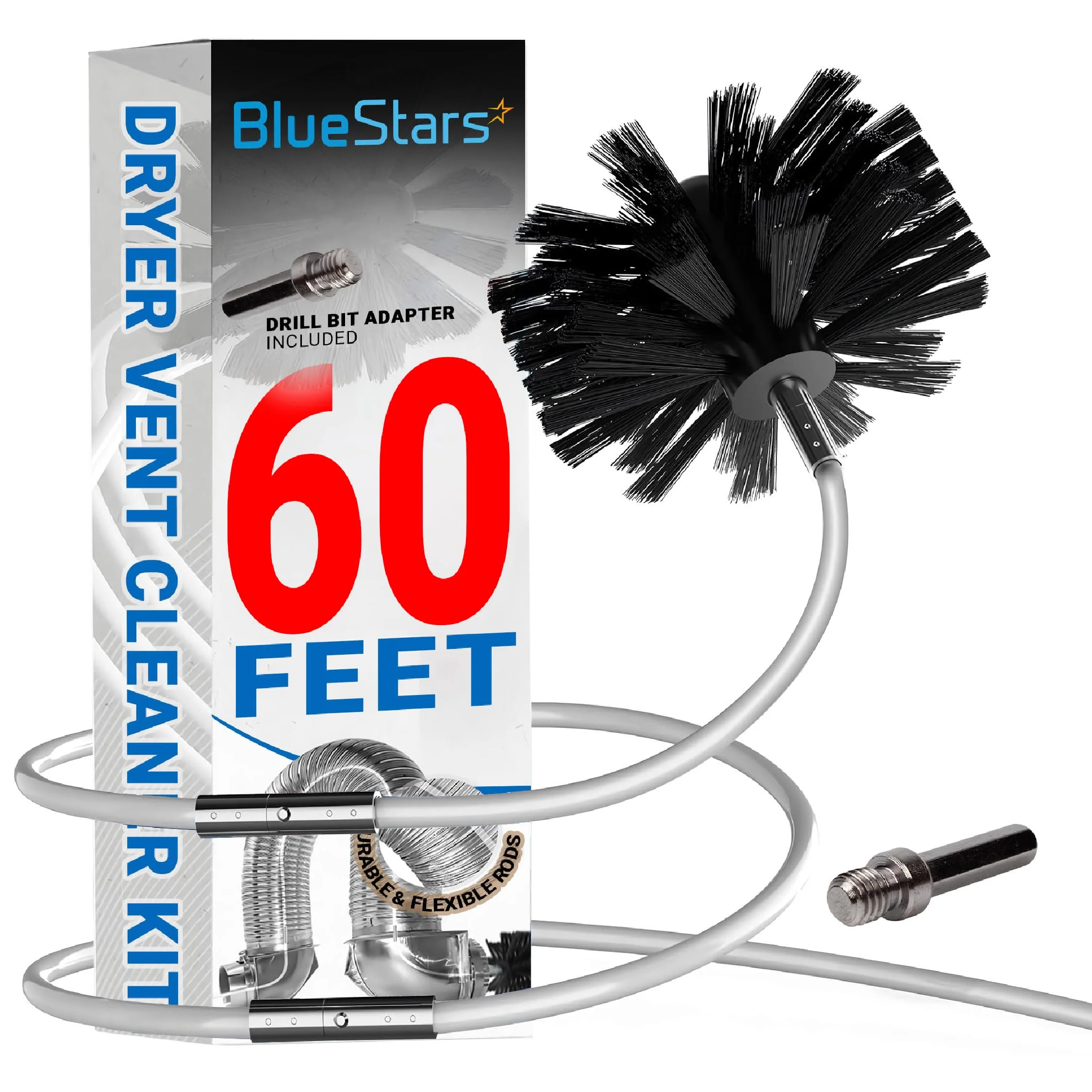 60-Feet Dryer Vent Cleaner Kit with Drill Attachment - Flexible Lint Remover Brush, Extends Up to 60 ft, Works with or Without Power Drill