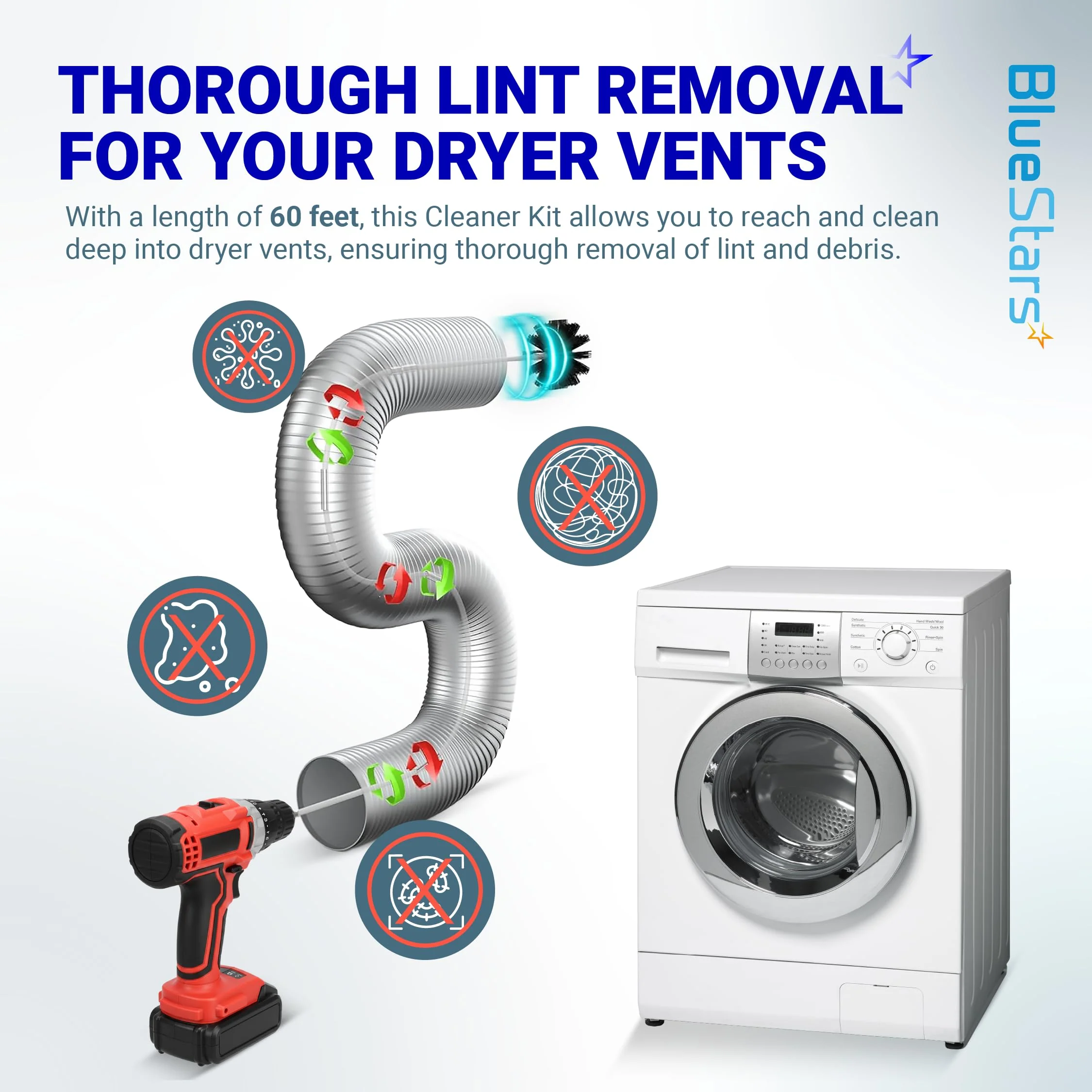 60-Feet Dryer Vent Cleaner Kit with Drill Attachment - Flexible Lint Remover Brush, Extends Up to 60 ft, Works with or Without Power Drill - Image 3