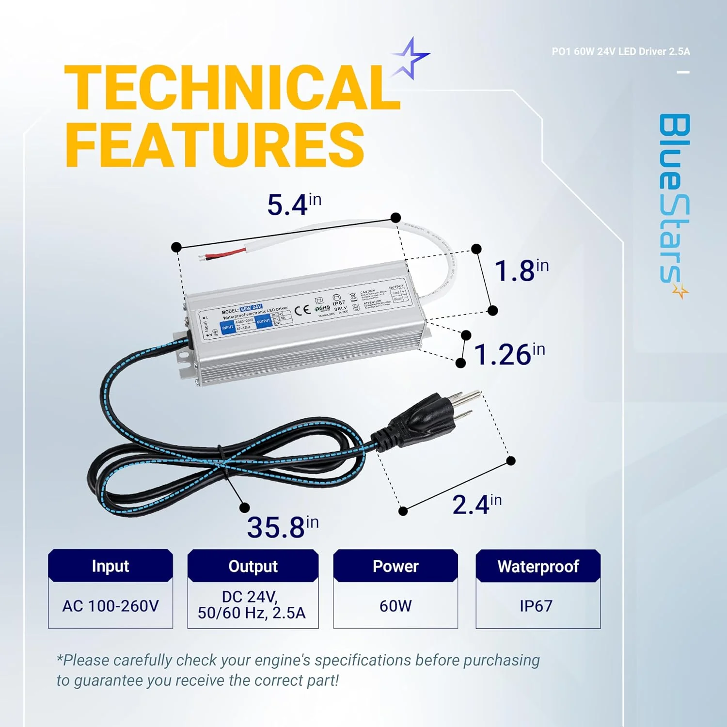 60W 24V LED Power Supply Driver 2.5A with US Standard 3-Prong Plug - AC 100-260V to 24V DC Constant Voltage Transformer (IP67 Waterproof) - Image 2