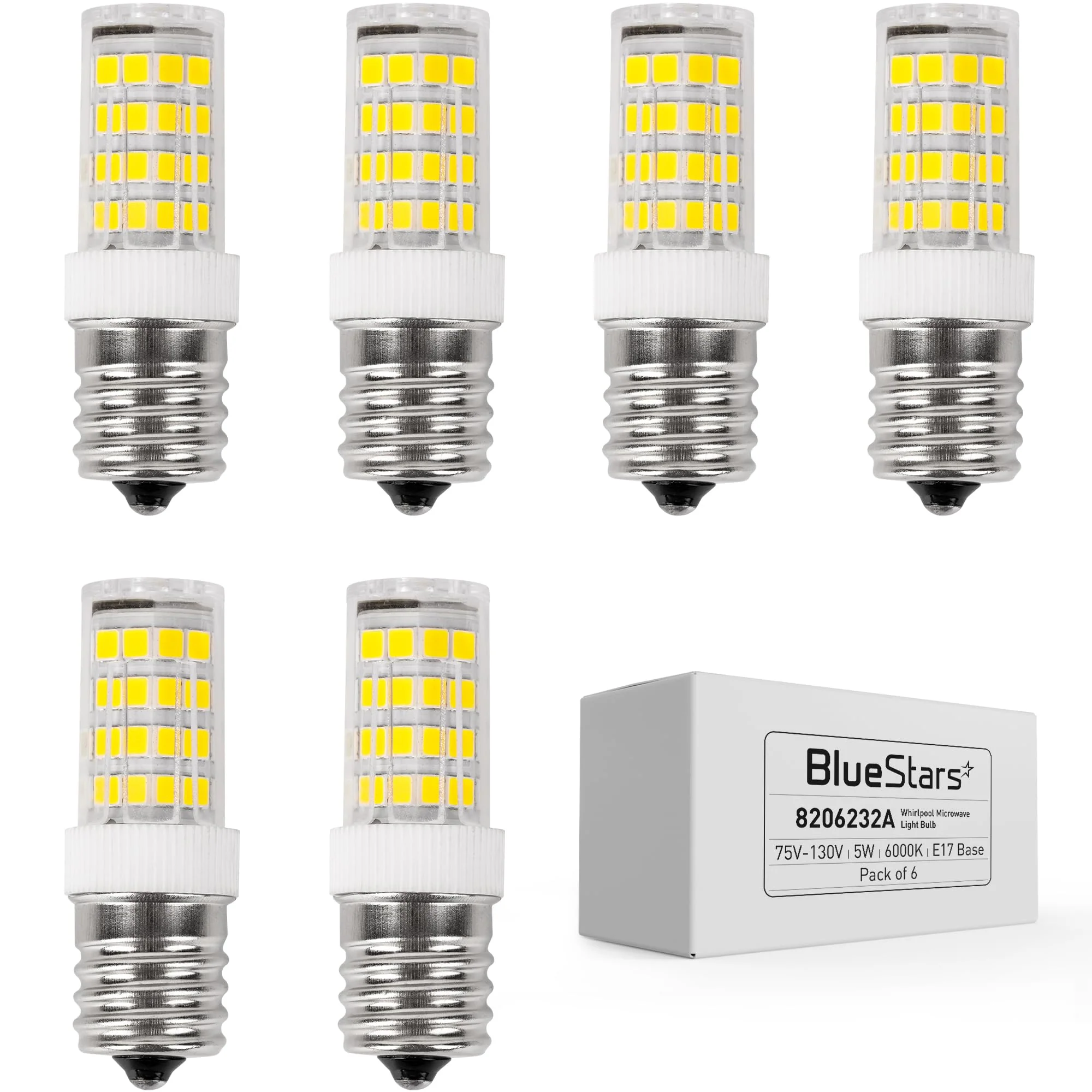 8206232A Dimmable LED Light Bulbs (5W, 40W Equivalent, E17, 6000K, 75V-130V, 400 lumens) for Refrigerator Microwave & Range Hood - 6 Pack