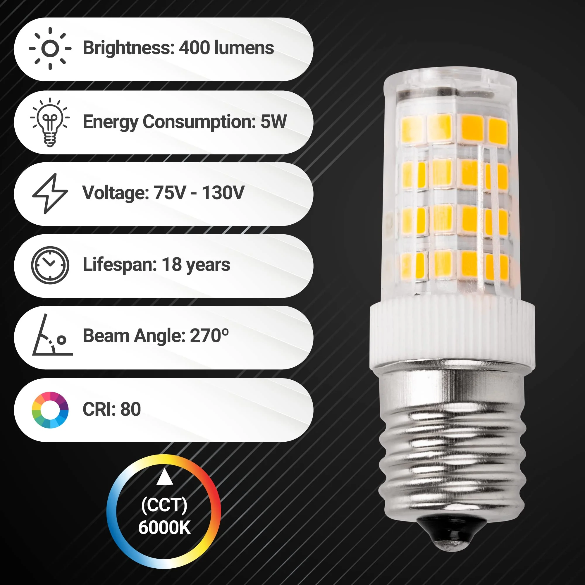 8206232A Dimmable LED Light Bulbs (5W, 40W Equivalent, E17, 6000K, 75V-130V, 400 lumens) for Refrigerator Microwave & Range Hood - 6 Pack - Image 3