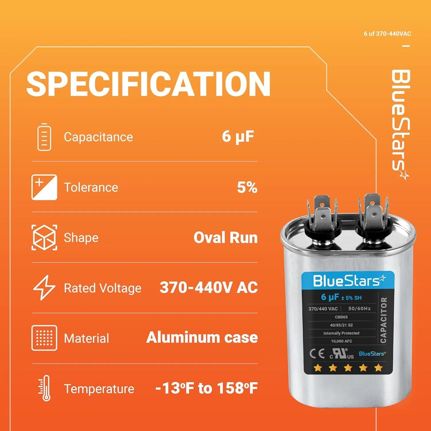 6 uF MFD ±5% 370/440 VAC Oval Run Start Capacitor 50/60 Hz - Fits AC Motor Run, Fan Start, Heat Pump - Image 5