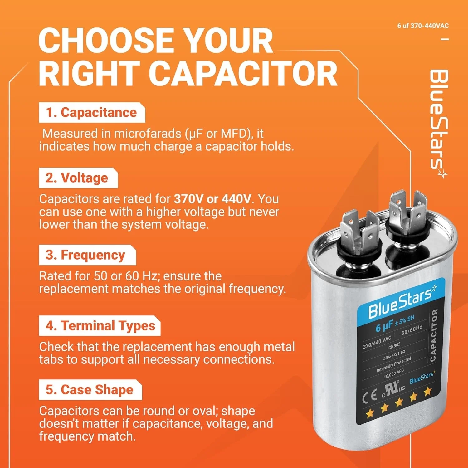 6 uF MFD ±5% 370/440 VAC Oval Run Start Capacitor 50/60 Hz - Fits AC Motor Run, Fan Start, Heat Pump - Image 7