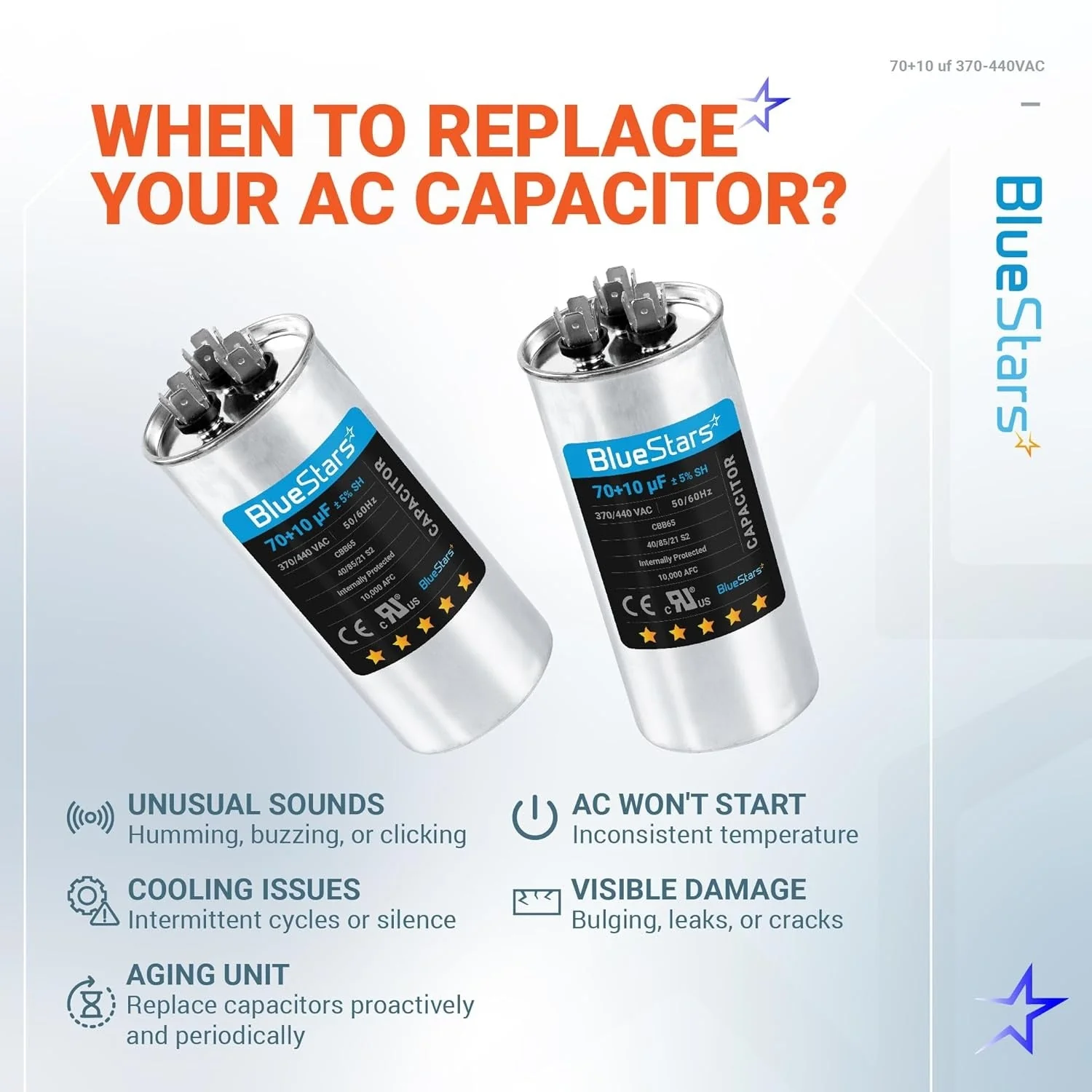 70+10 uF MFD ±5% 370/440 VAC CBB65 50/60 Hz Dual Run Start Capacitor - Fits AC Unit Fan Motor, Heat Pump - Image 3