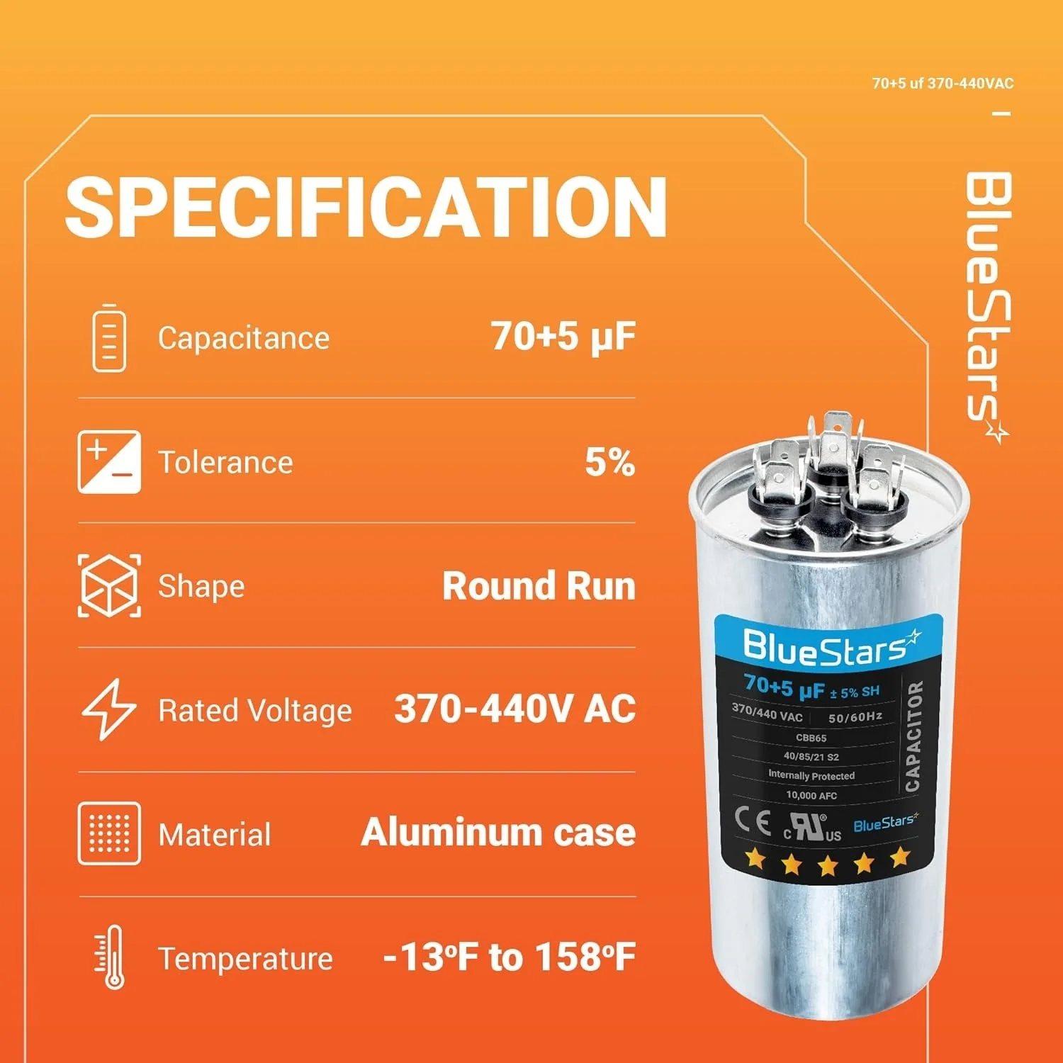 70+5 uF MFD ±5% 370/440 VAC CBB65 Dual Run Circular Start Capacitor - Fits AC Motor Run, Fan Start, Heat Pump - Image 7