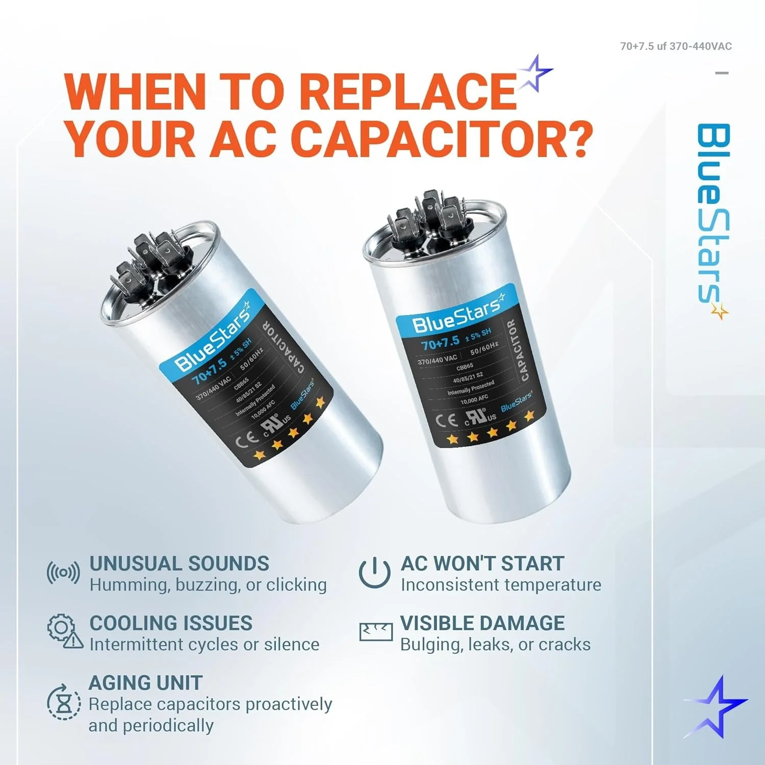 70+7.5 uF MFD 370/440 VAC Round Dual Run Capacitor - For Air Conditioner, Heat Pump Condenser - 2 Pack - Image 6