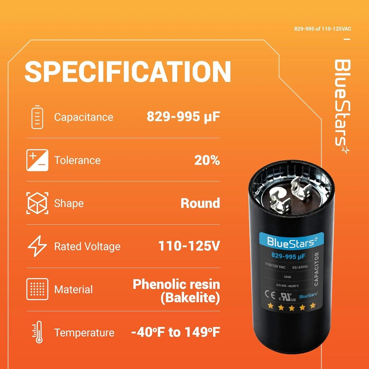 [UL Certified] 829-995 uF MFD 110-125 VAC ±20% Round Motor Start Capacitor 50/60 Hz - Replaces 6FLL8, PMJ829 - Image 6