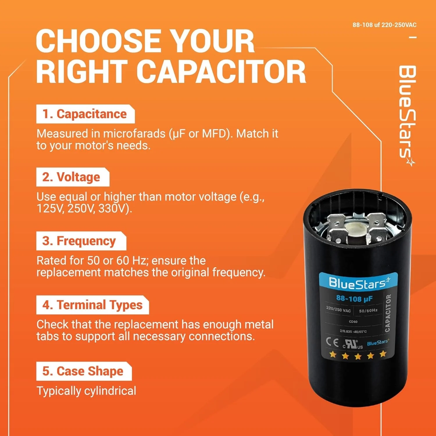 88-108 uF MFD 220-250 VAC Round Motor Start Capacitor 50/60 Hz - Fits AC Motor Run, Fan Start, Heat Pump - Image 9