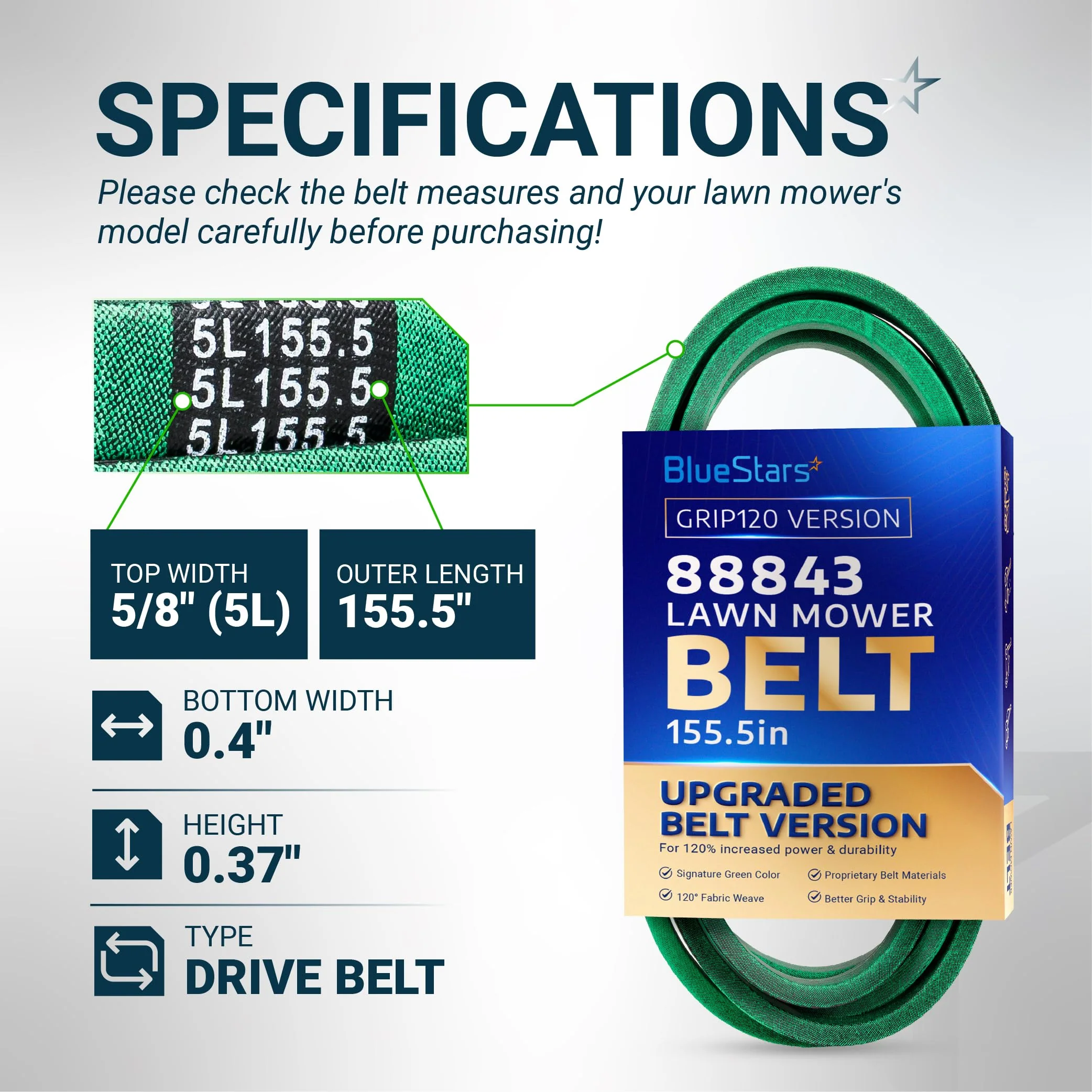 [Grip120] 88843 Bush Hog Drive Belt for ATH 720, FTH 720, 72" RDTH 72 TD-1700, 55" HDZ3155FX4 HDZ3355ECV4 - 155.5" x 5/8" - Image 2