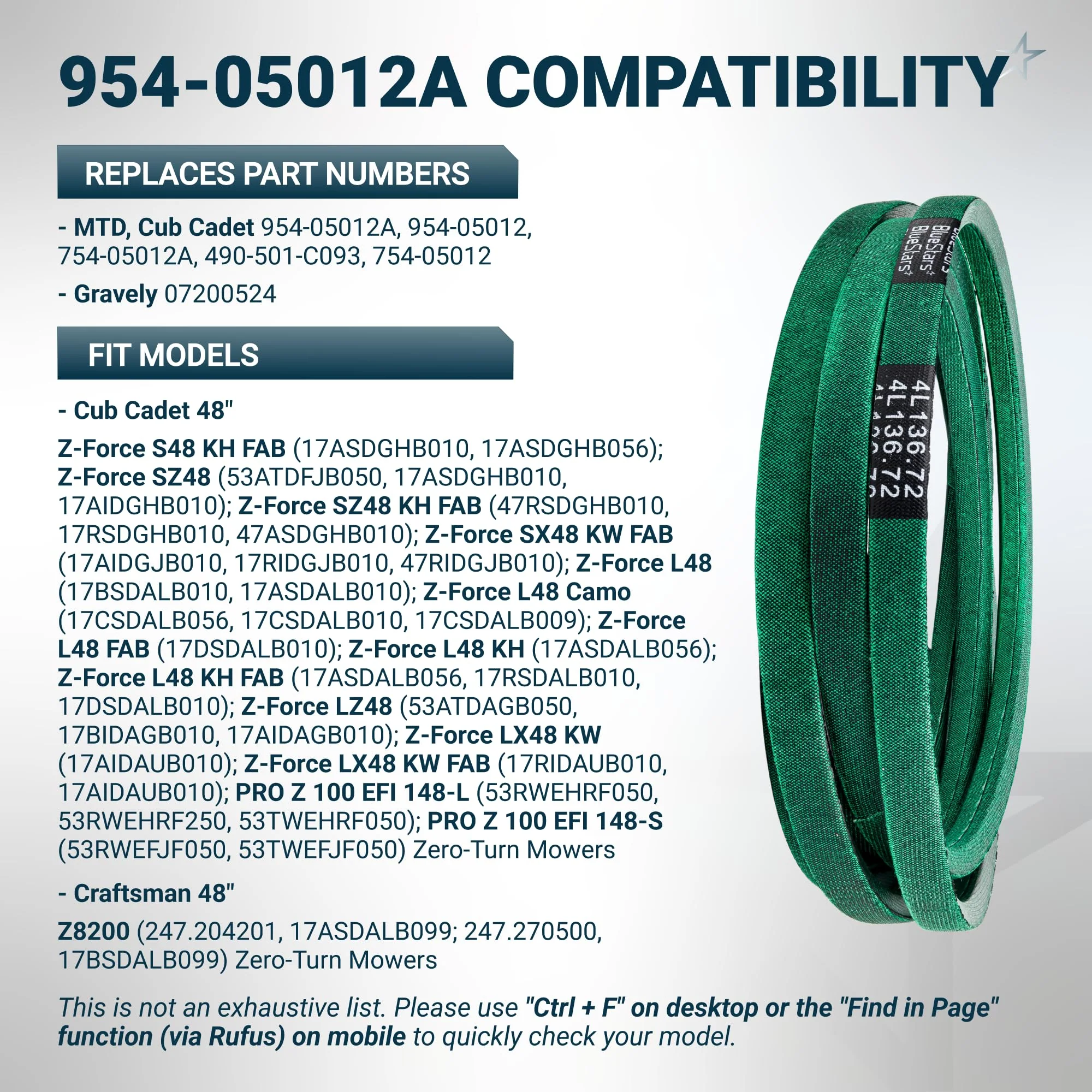 [Grip120] 954-05012A Deck Belt for 48" Deck MTD Cub Cadet S48 SZ48 Gravely - 1/2”x136.72" - Image 6
