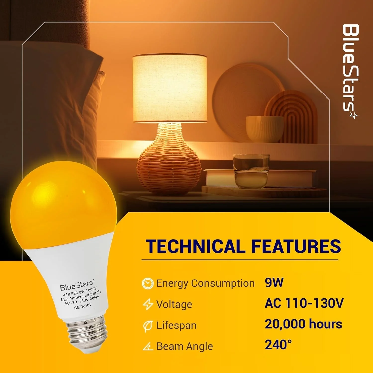 9W A19 Amber Sleep LED Light Bulb (60W Equivalent) - 1800K Warm Lighting, E26 Base - 4 Pack - Image 6