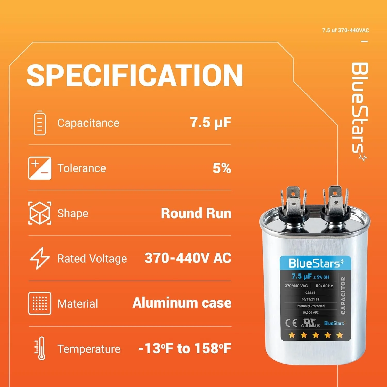 7.5 uF MFD ±5% 370/440 VAC Oval Run Capacitor CBB65 50/60 Hz - Fits Condenser Straight Cool, Heat Pump - Image 6