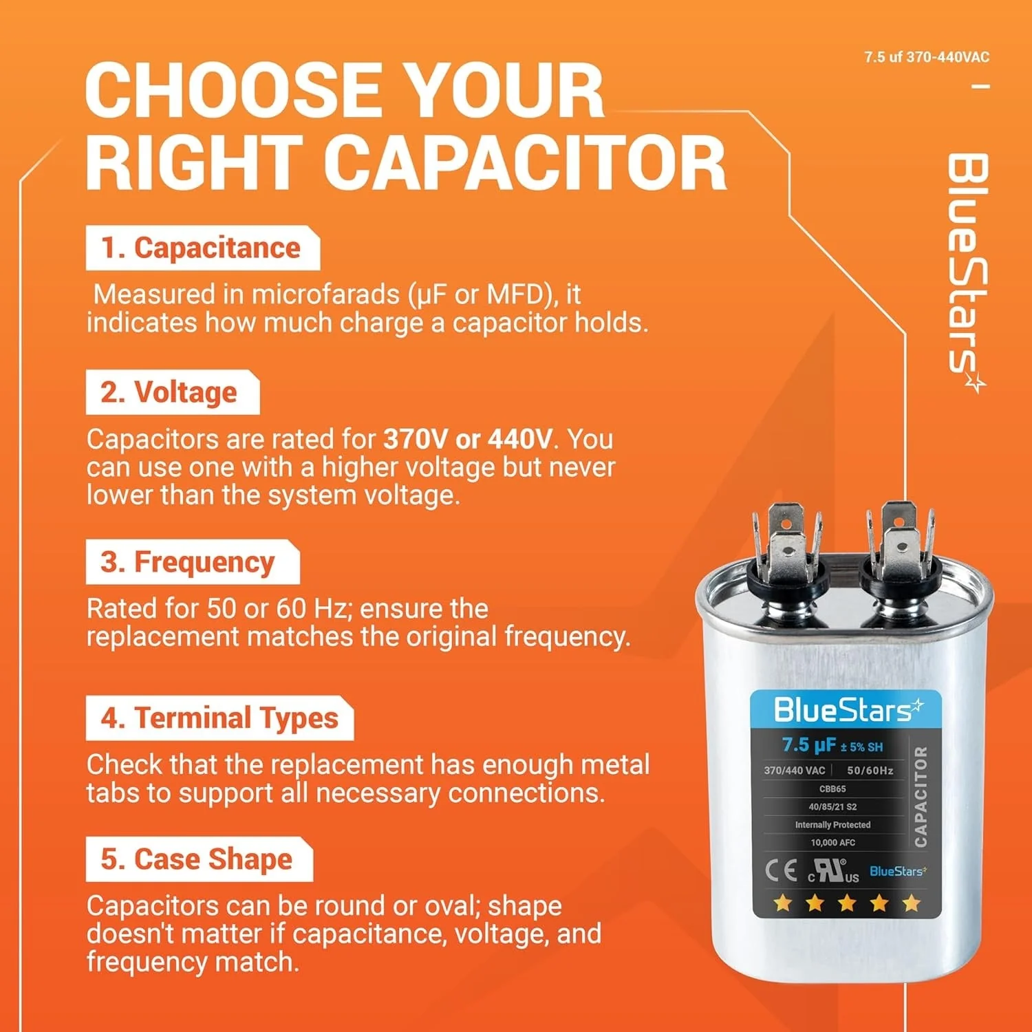 7.5 uF MFD ±5% 370/440 VAC Oval Run Capacitor CBB65 50/60 Hz - Fits Condenser Straight Cool, Heat Pump - Image 9