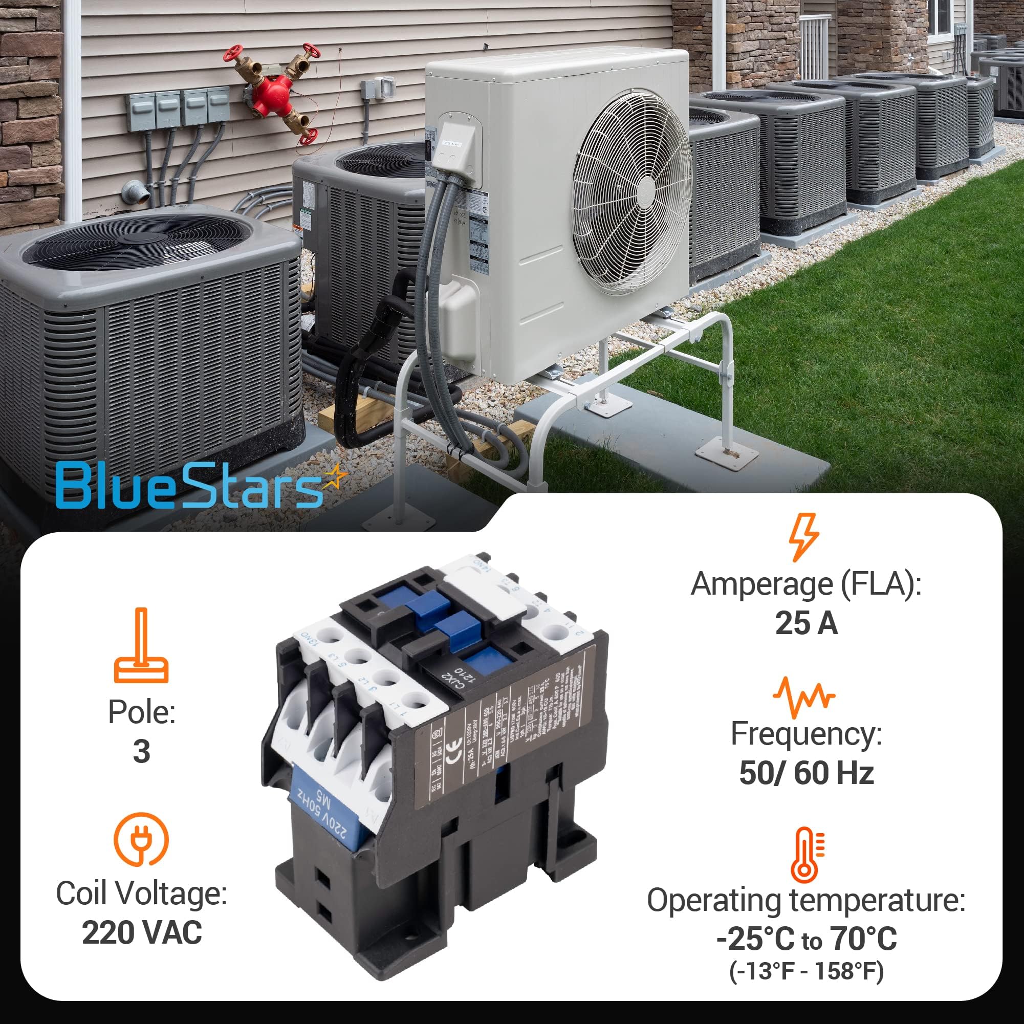 CJX2-1210 AC Contactor 3 Pole 25 Amp 220VAC Coil - Normally Open, Replacement for Air Conditioner, Heat Pump & Refrigeration Systems - Image 2