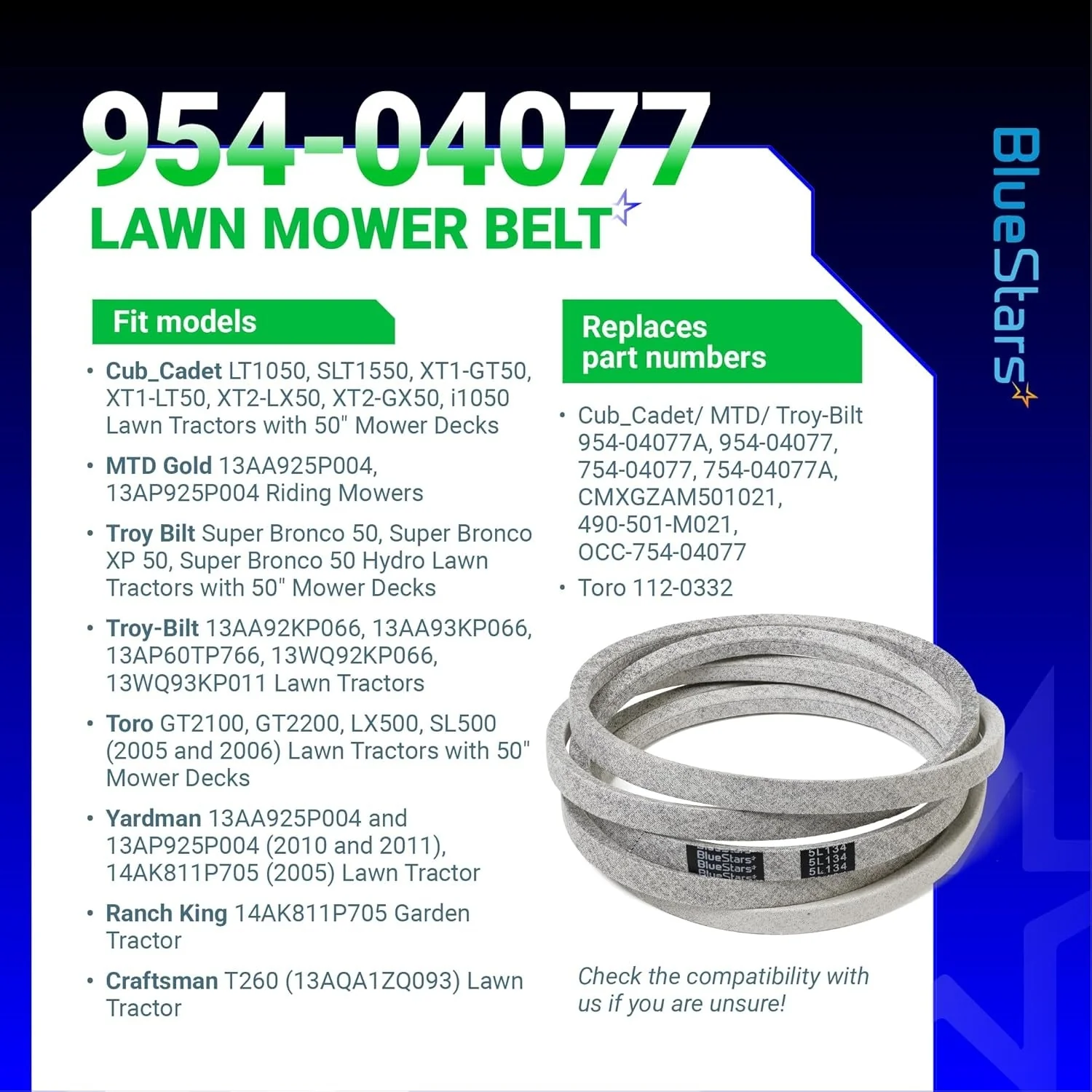 954-04077A Deck Belt - Fits 50" Deck Cub Cadet LT1050 XT1 LT50 Troy-Bilt MTD Toro 112-0332 GT2100 - 5/8" x 134" - Image 4