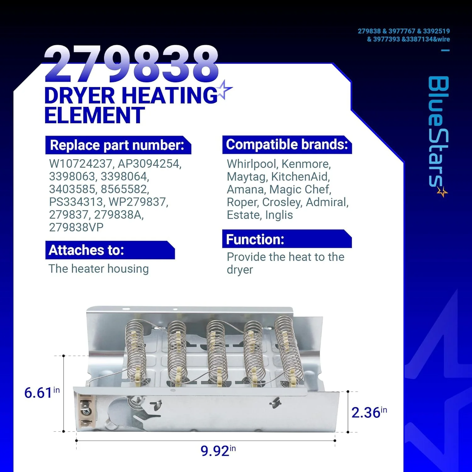 279838 Dryer Heating Element Kit for Whirlpool WED4815EW1 WED5000DW2 - Image 3