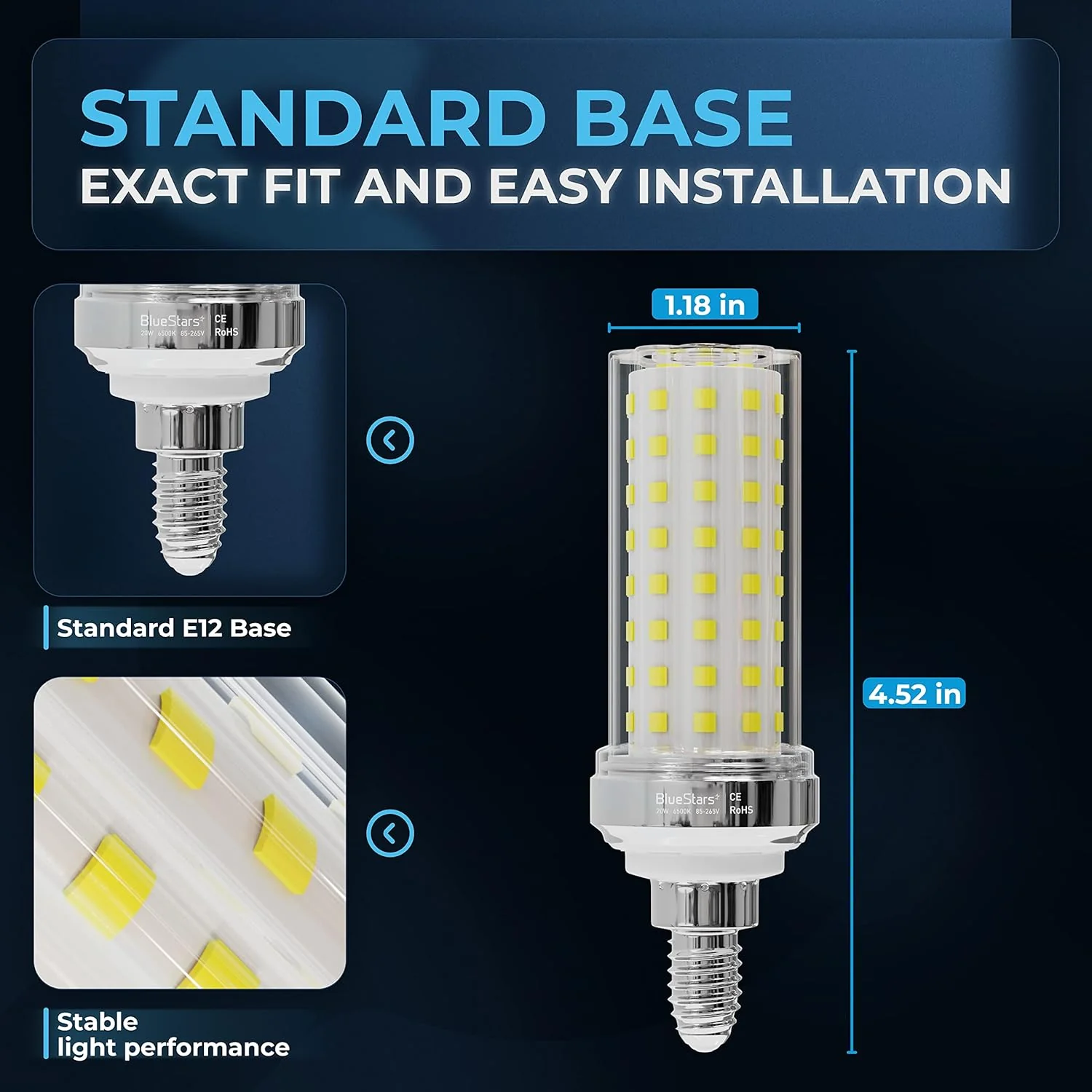 20W E12 LED Corn Light Bulb (4.52 in), 150W Equivalent 1600 lumens 6500K Cool Daylight Blue White, Non-dimmable - 4 Pack - Image 3