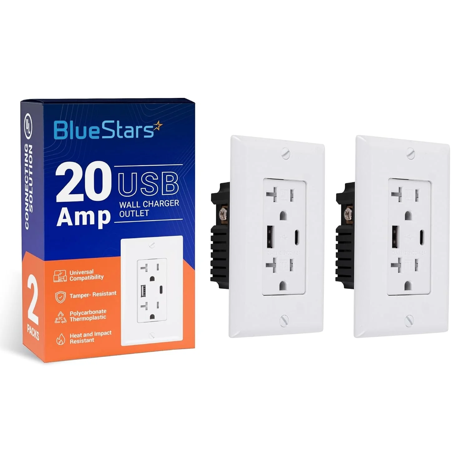 20A Electrical USB Wall Charger Outlet - USB Type C & Type A with Tamper-Resistant Shutter and Screwless Wall Plate Included - 2 Pack