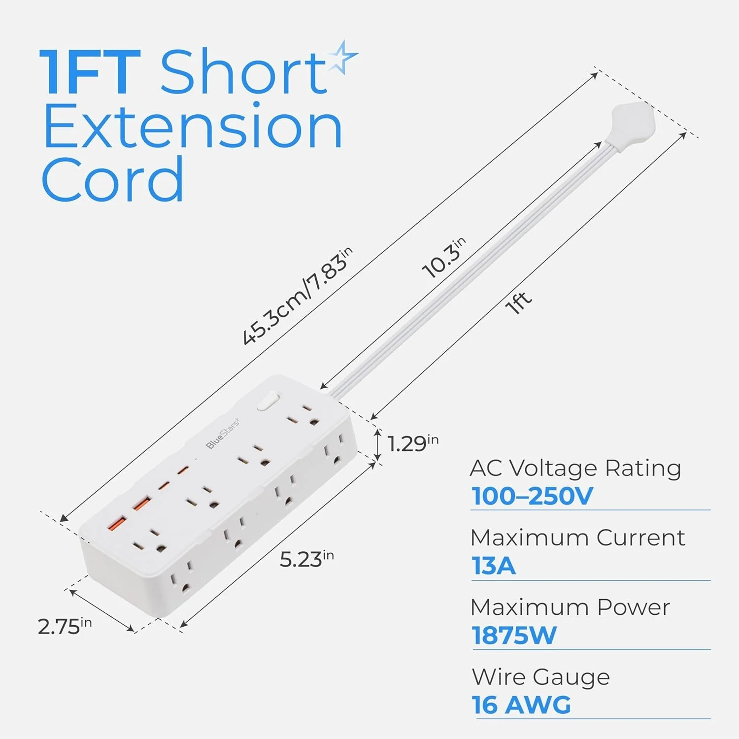Short Extension Cord 1Ft - 8 Outlets Power Strip Flat Plug Surge Protector with 4 USB - Image 2