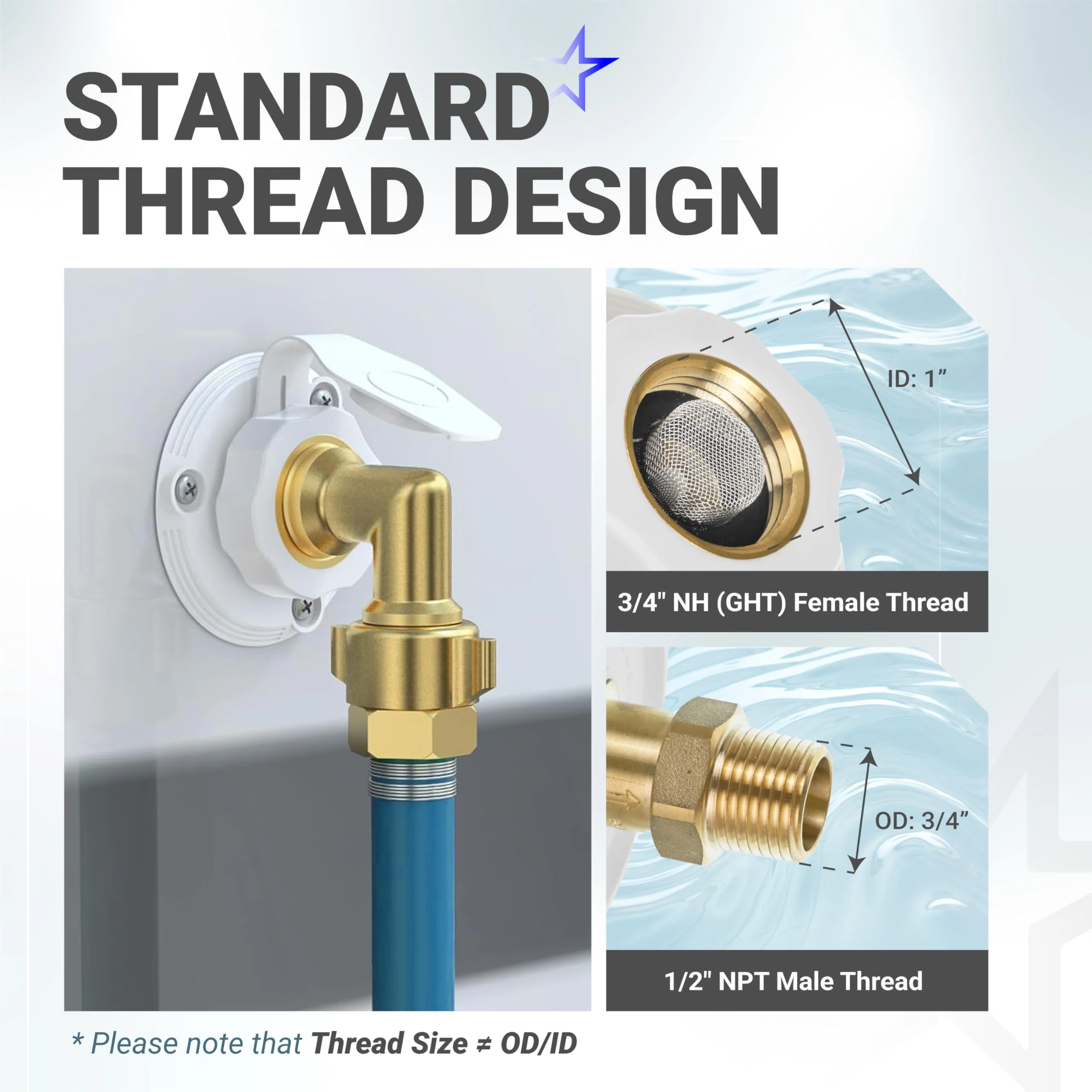 RV City Water Inlet Brass with Check Valve - 3/4" NH Female to 1/2" NPT Male Thread - Includes Dust Plug - Image 3