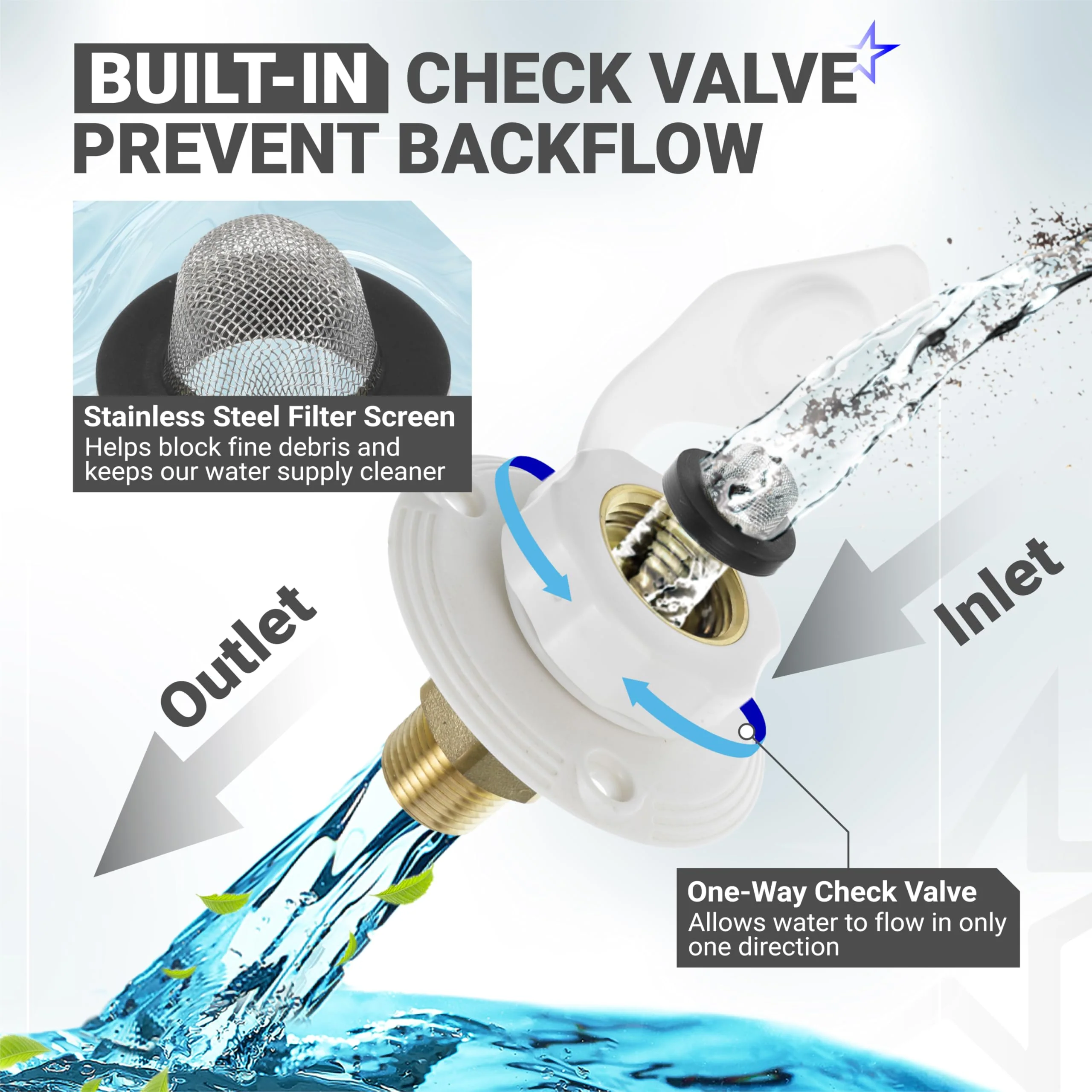 RV City Water Inlet Brass with Check Valve - 3/4" NH Female to 1/2" NPT Male Thread - Includes Dust Plug - Image 4