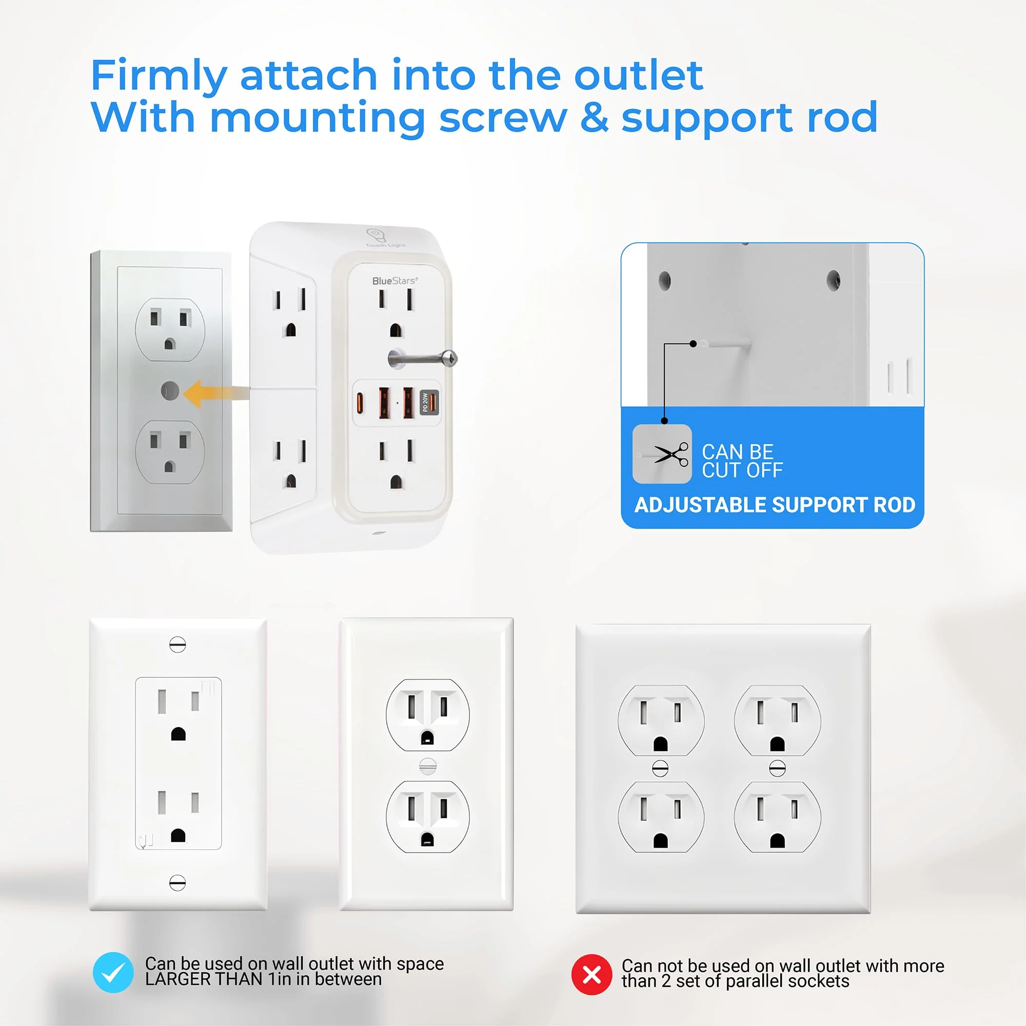 Surge Protector Outlet Extender - 6 Outlets 4 USB Ports with Type C PD 20W, 3-Sided Power Strip - Image 5