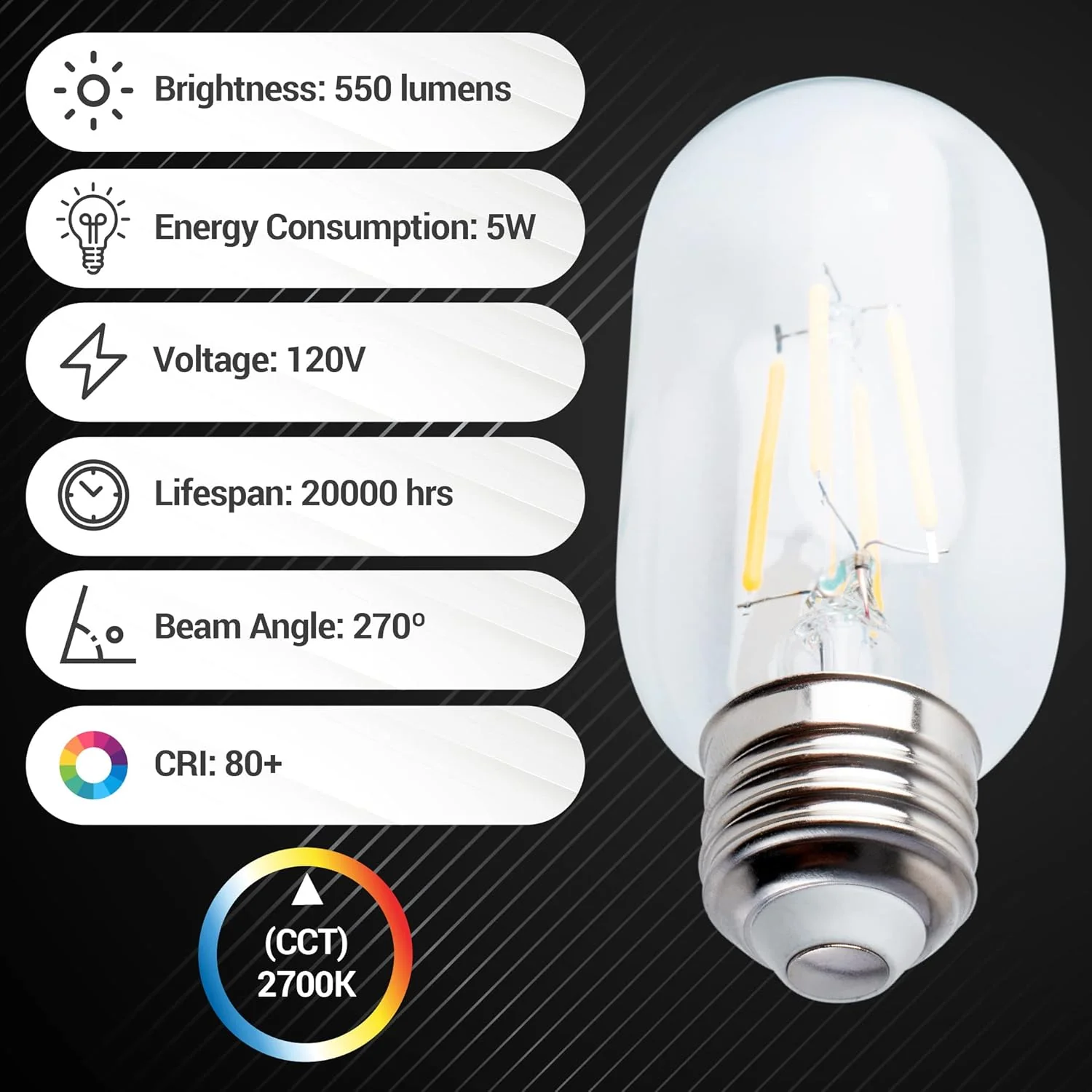 T45/T14 Tubular E26 LED Edison Bulb 5W 120V (60W Equivalent) - 2700K - 3 Pack - Image 3