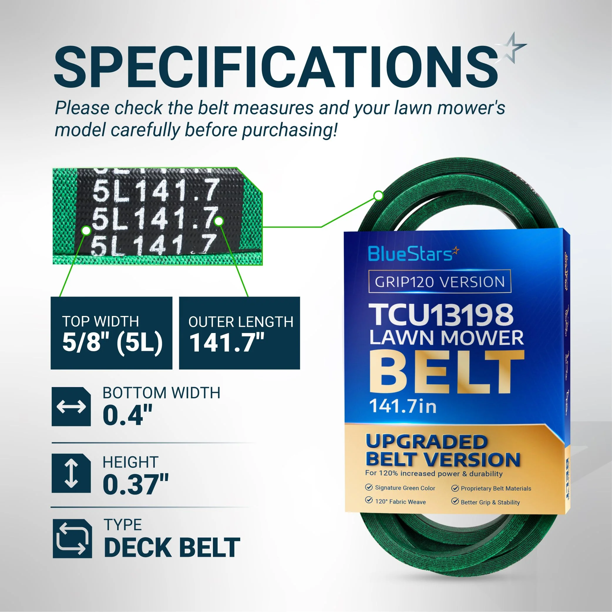 [Grip120] TCU13198 Deck Belt for John Deere 60" ZTrak Zero Turn Mowers, Mower Blade Belt Replacement - 5/8" x 141.7" - Image 2