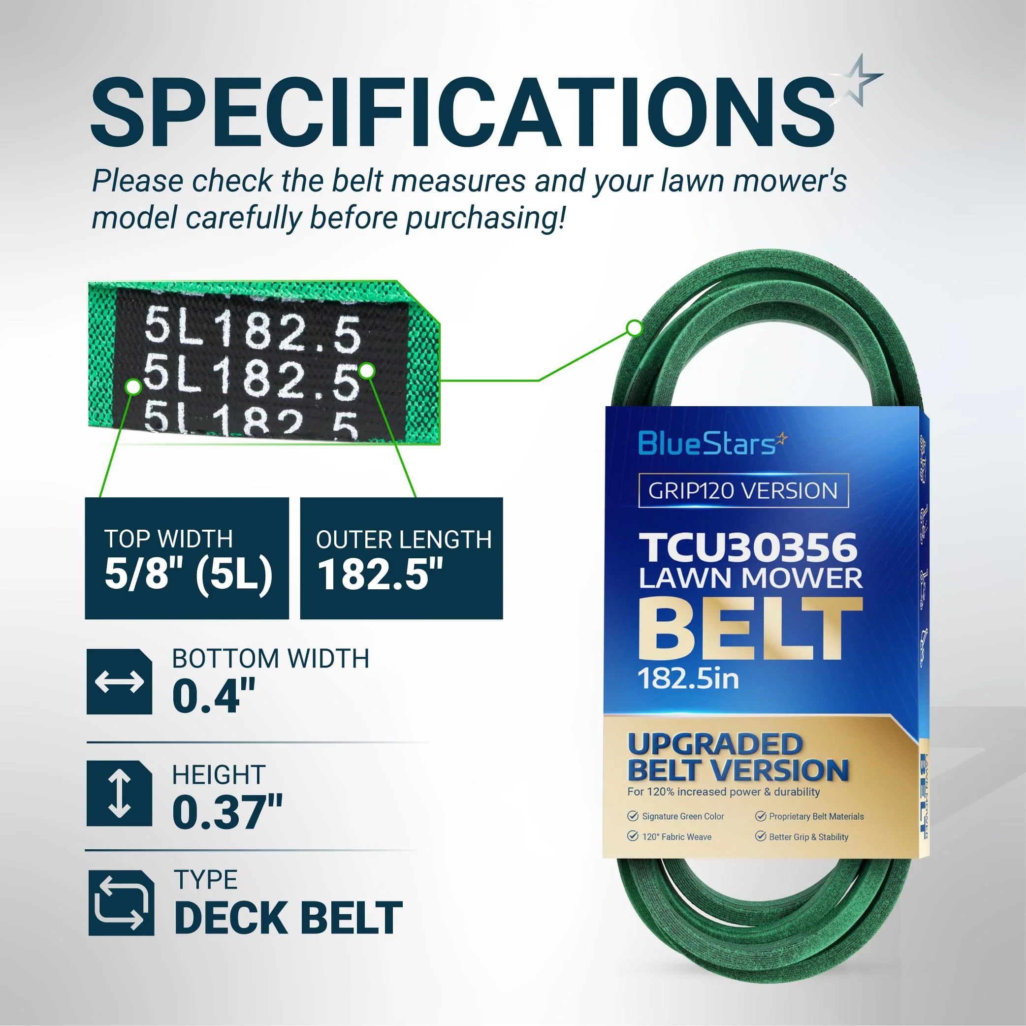 [Grip120] TCU30356, TCU35604 Deck Belt | Fits John Deere Z915B Z915E Z920M Z930M ZTrak Mowers & More | 182.5" - Image 2