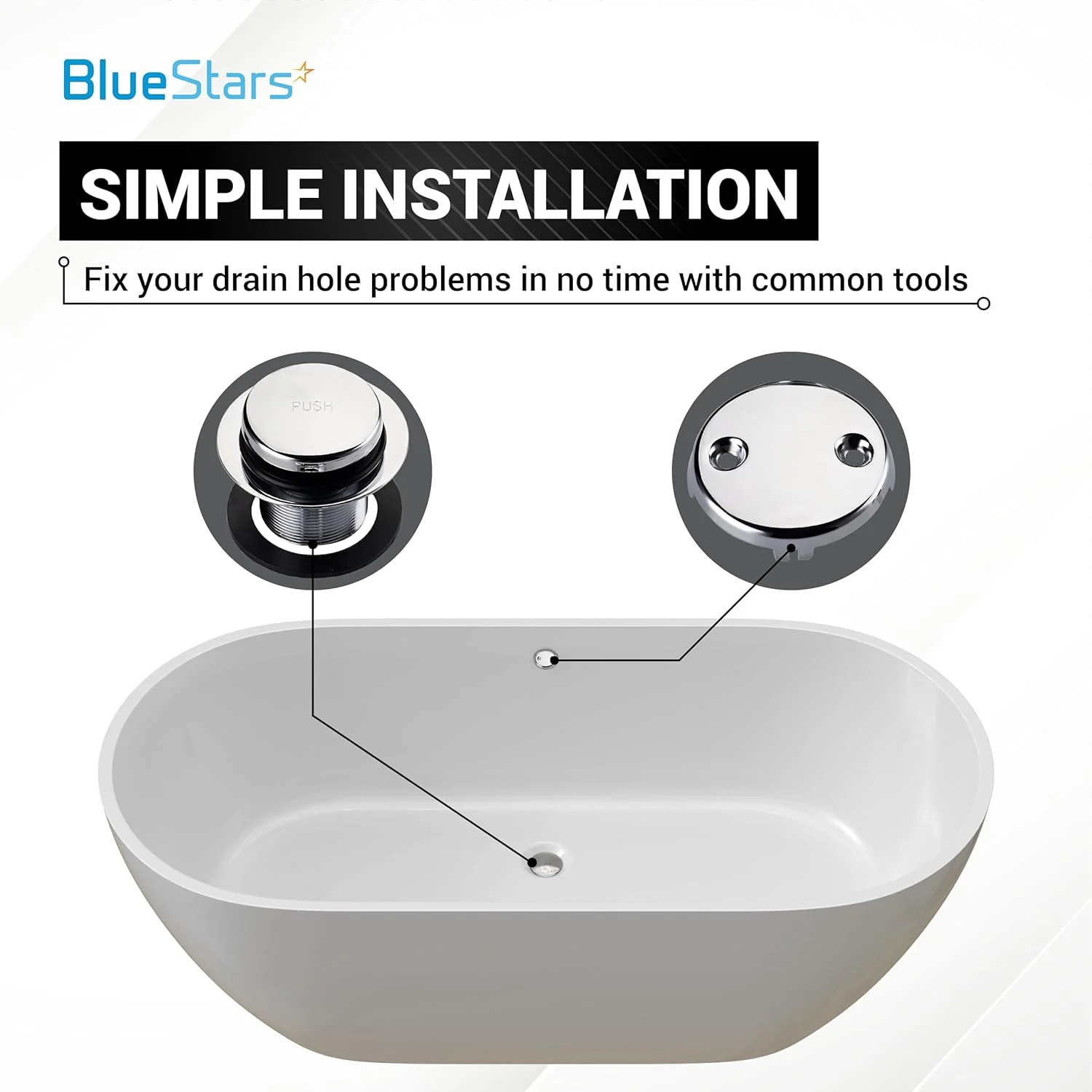 Tip-Toe Tub Trim Kit with Two-Hole Overflow Faceplate – Fits US Standard Sizes 1.40”-1.50” (Silver) - Image 5