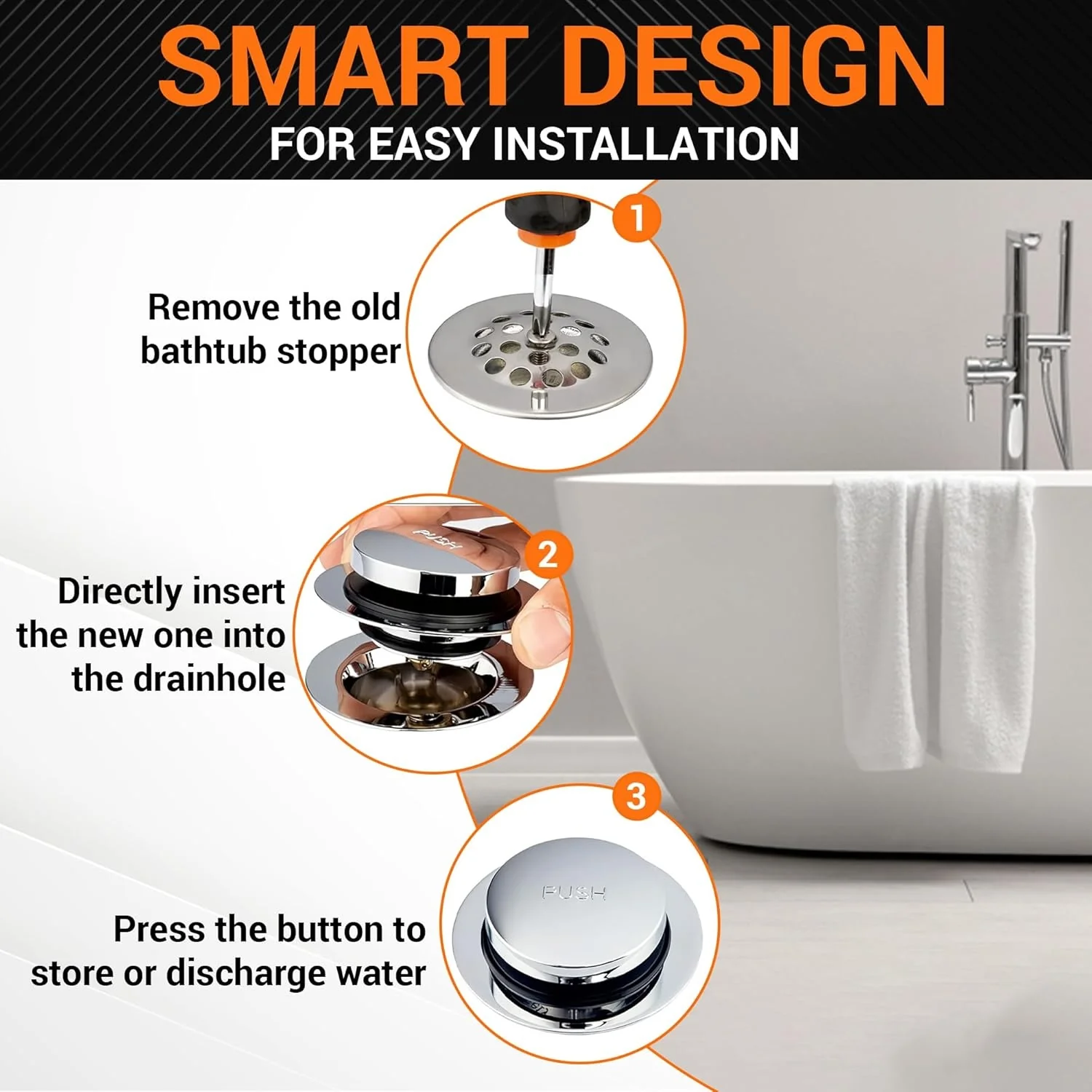 2-in-1 Tip-Toe Bathtub Drain Stopper - Fits US Standard Sizes 1.40”-1.50” - Replaces Lift & Turn, Tip-Toe & Trip Lever Drains - Image 4