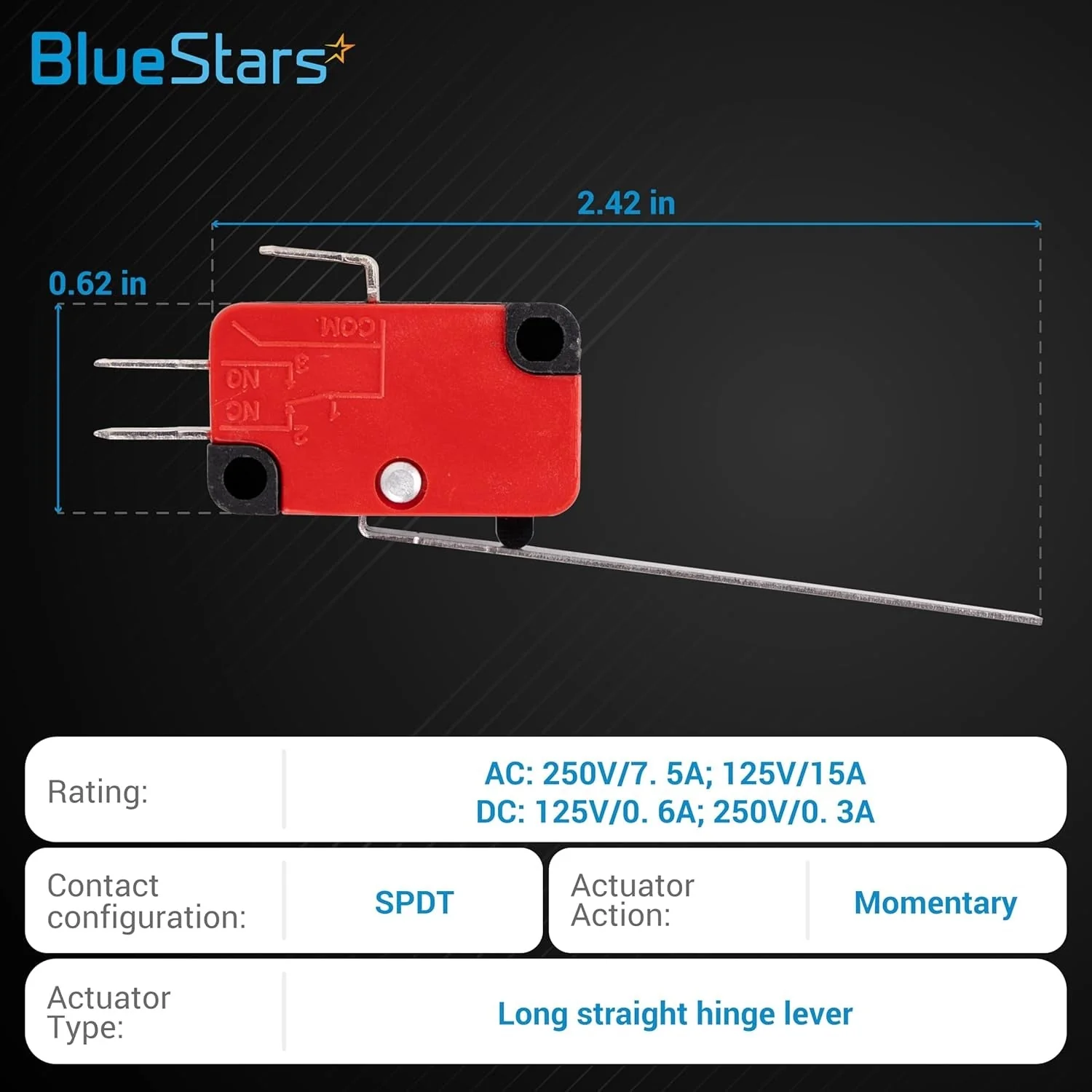 V-153-1C25 Micro Limit Switch Blade Momentary - 250VAC/125VDC 15A - 10 Pack - Image 2