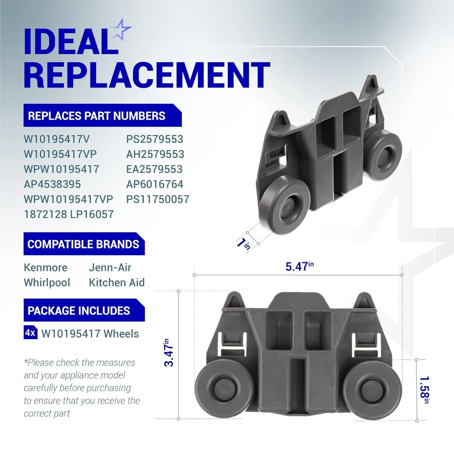 W10195417 Dishwasher Lower Rack Wheels for Kenmore Whirlpool KitchenAid Jenn-Air - 4 Pack - Image 2