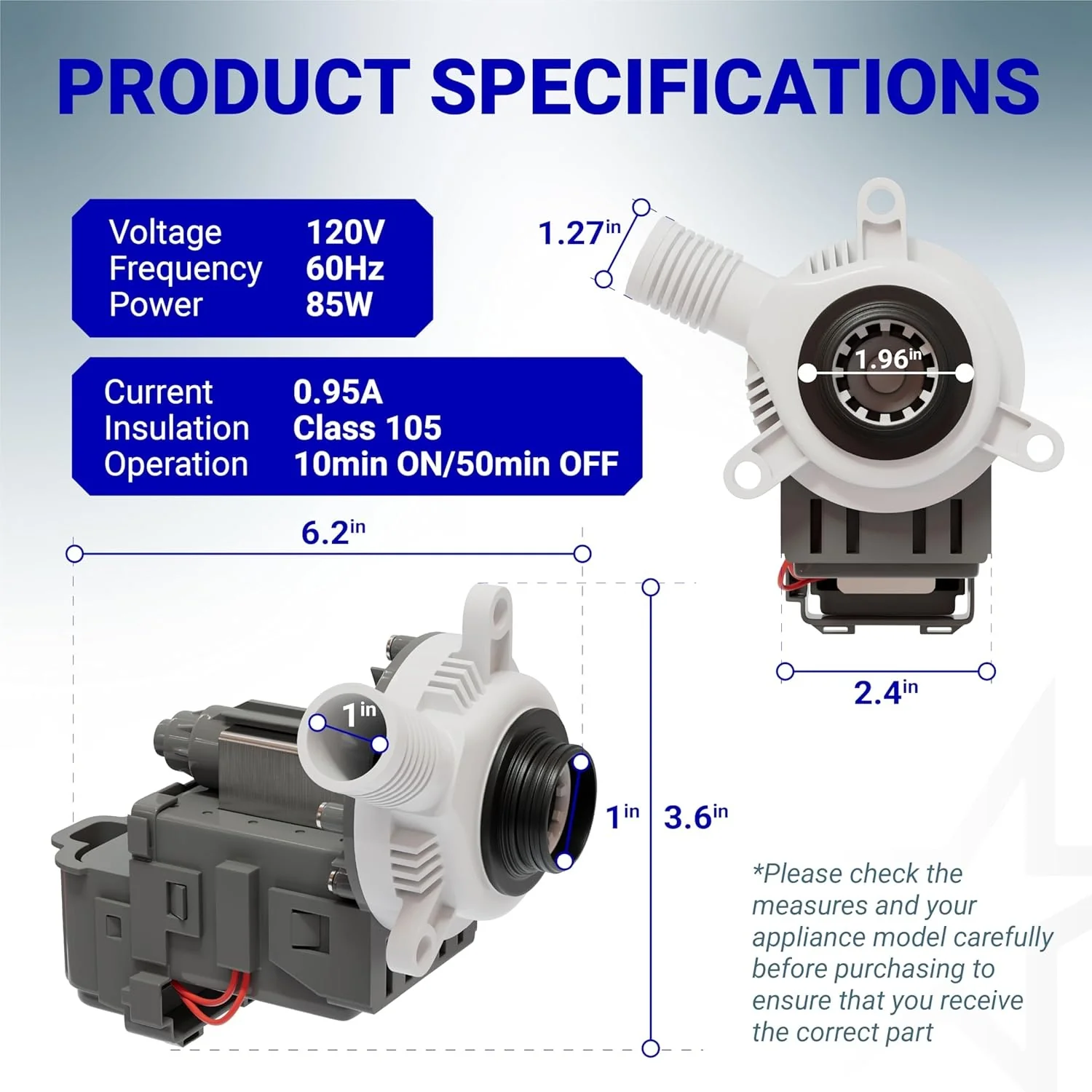 W10276397 Washer Drain Pump for Whirlpool Kenmore Maytag Washing Machines - Image 3