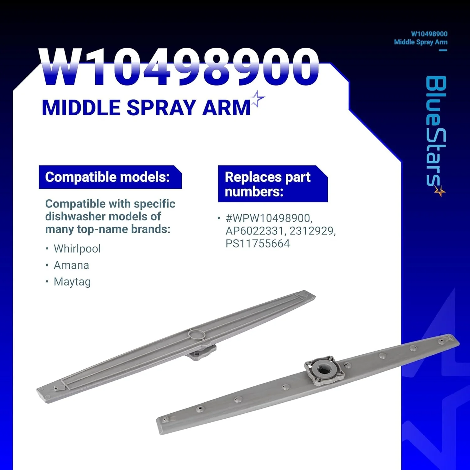 W10498900 Dishwasher Middle Spray Arm for Whirlpool, Amana, Maytag - Image 2