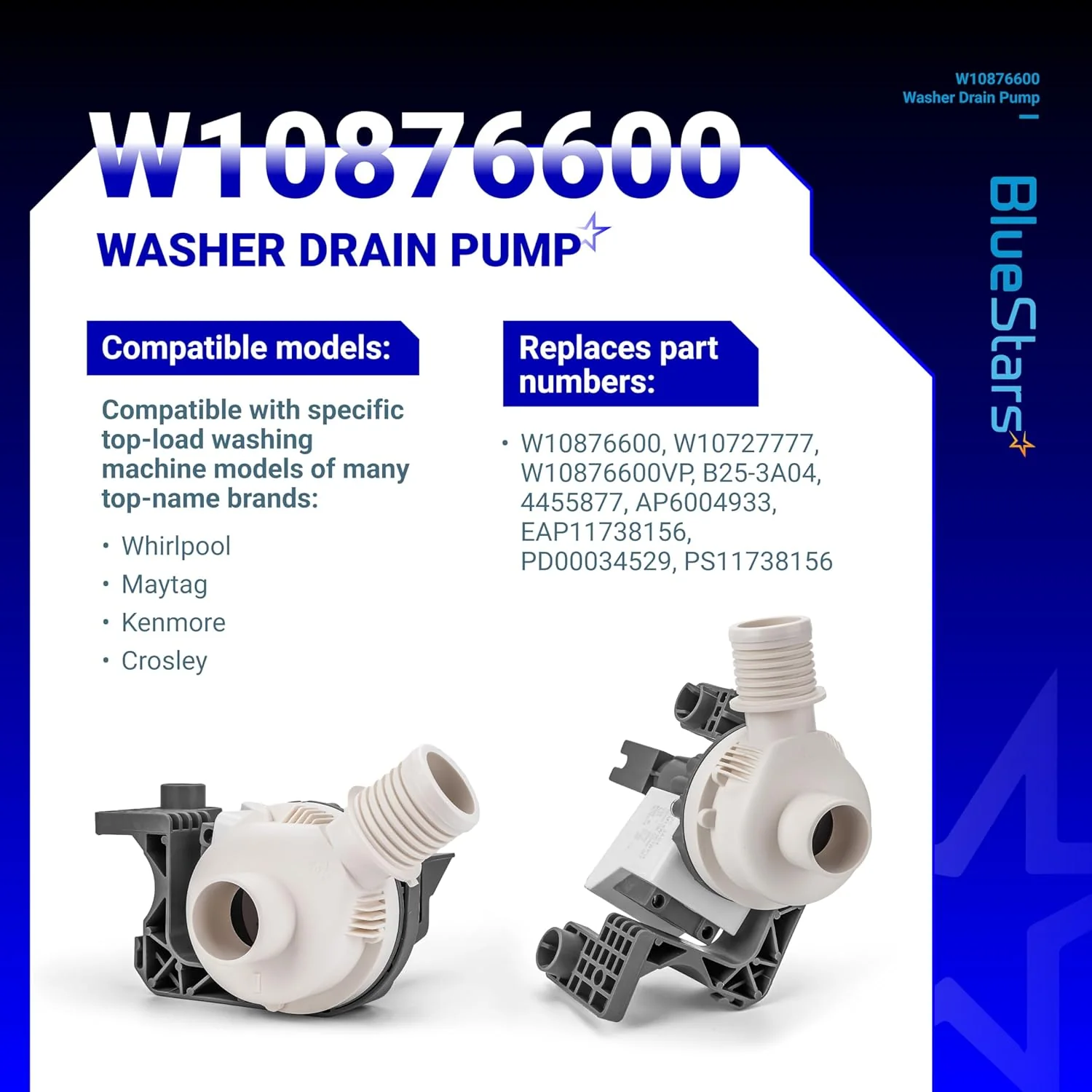 W10876600 W10727777 Washer Drain Pump for Whirlpool Maytag Bravos Kenmore Crosley Washing Machines - Image 2