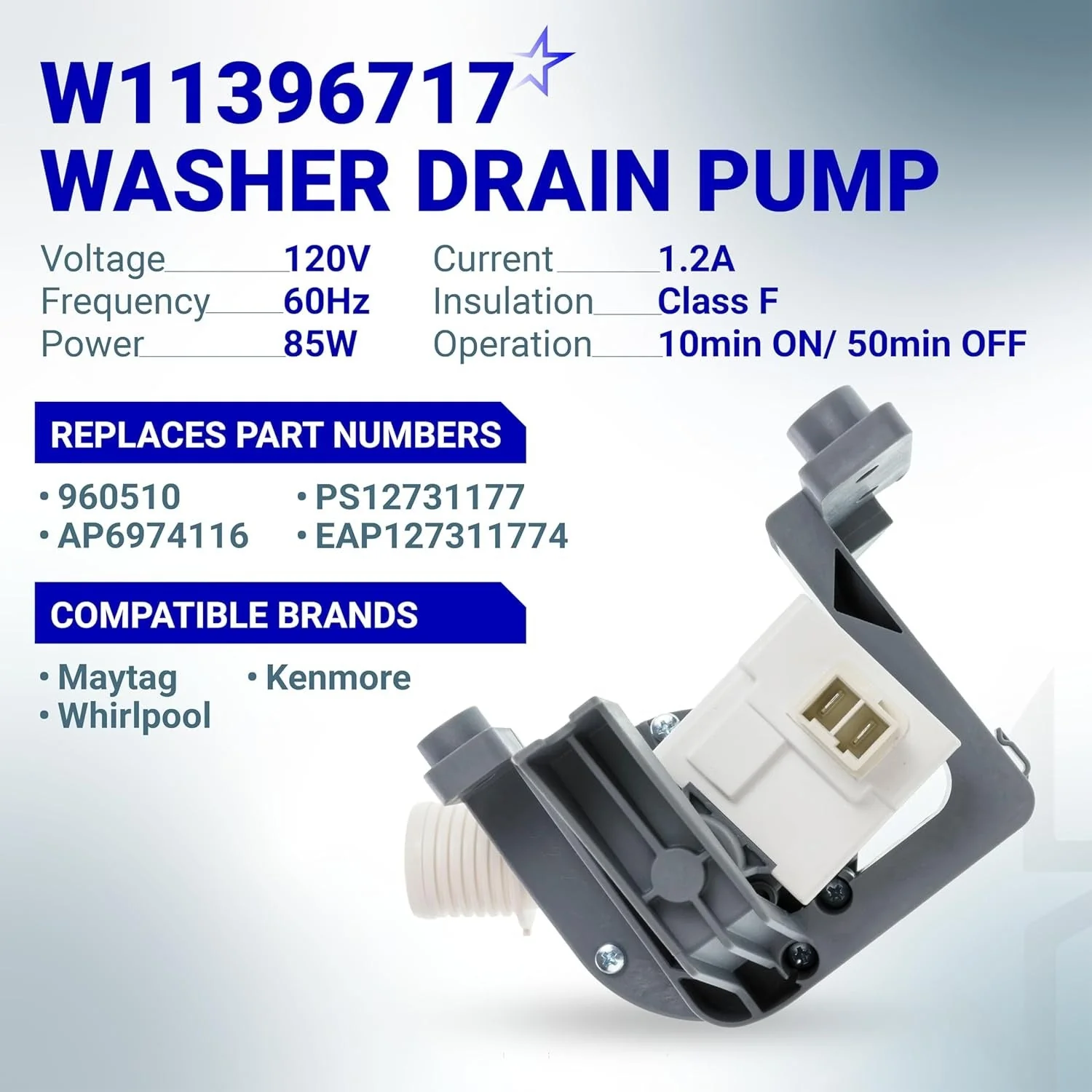 W11396717 Washer Drain Pump for Whirlpool Kenmore Maytag Washing Machine - Image 3