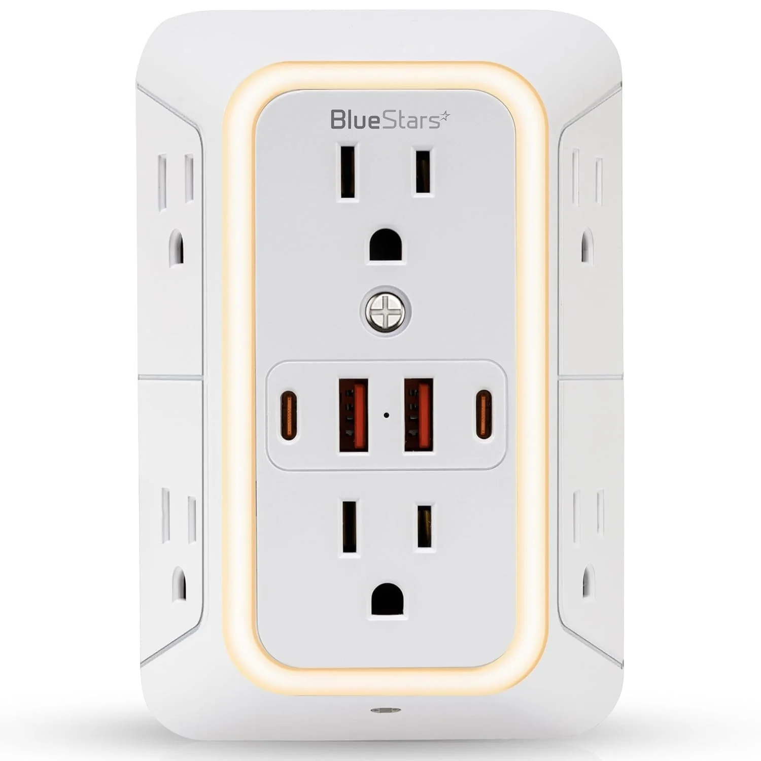 6-Outlet 3-Sided Wall Mount Power Strip Extender with 4 USB Ports (5V, 2.4A, 12W) & Night Light