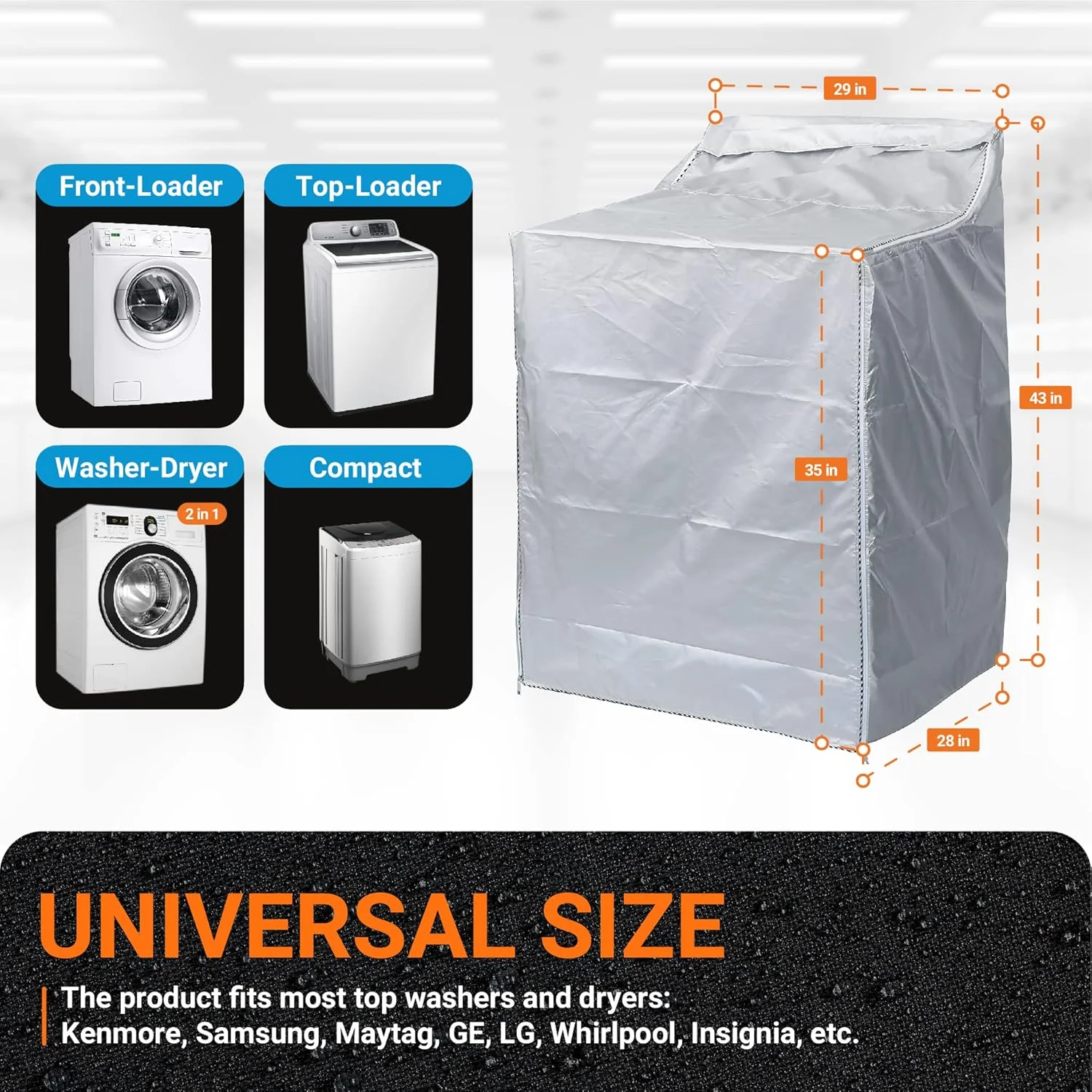 Washing Machine Cover For Top-load and Front-load Washer/Dryer - Premium Cover - W29”x D28”x H43” (Silver) - Image 6