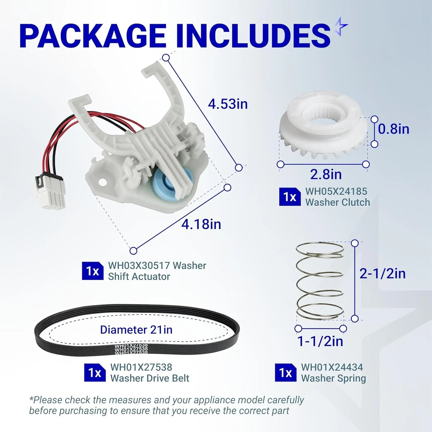 WH03X30517 Washer Shift Actuator & WH01X27538 Washer Drive Belt & WH05X24185 Washing Machine Clutch & WH01X24434 Washer Spring - Image 2