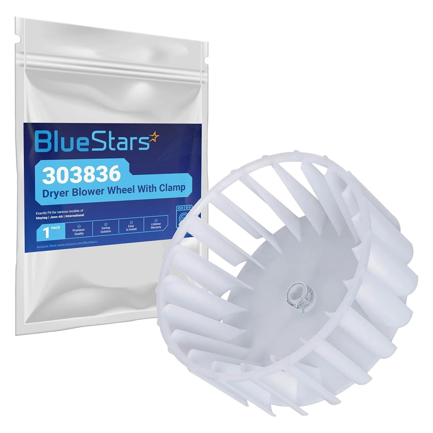 Y303836 303836 Dryer Blower Wheel With Clamp Replacement - For Maytag Jenn-Air International Dryers